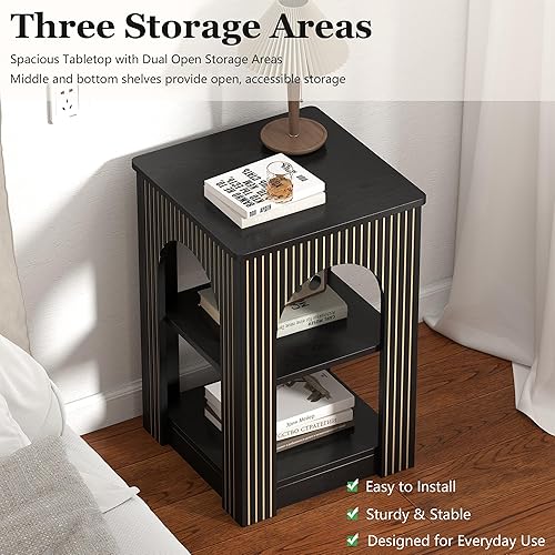 Miniatura 4 de Mesa auxiliar con almacenamiento de 3 niveles, mesa auxiliar moderna de mediados de siglo con líneas de tallado arqueadas, mesa decorativa cuadrada