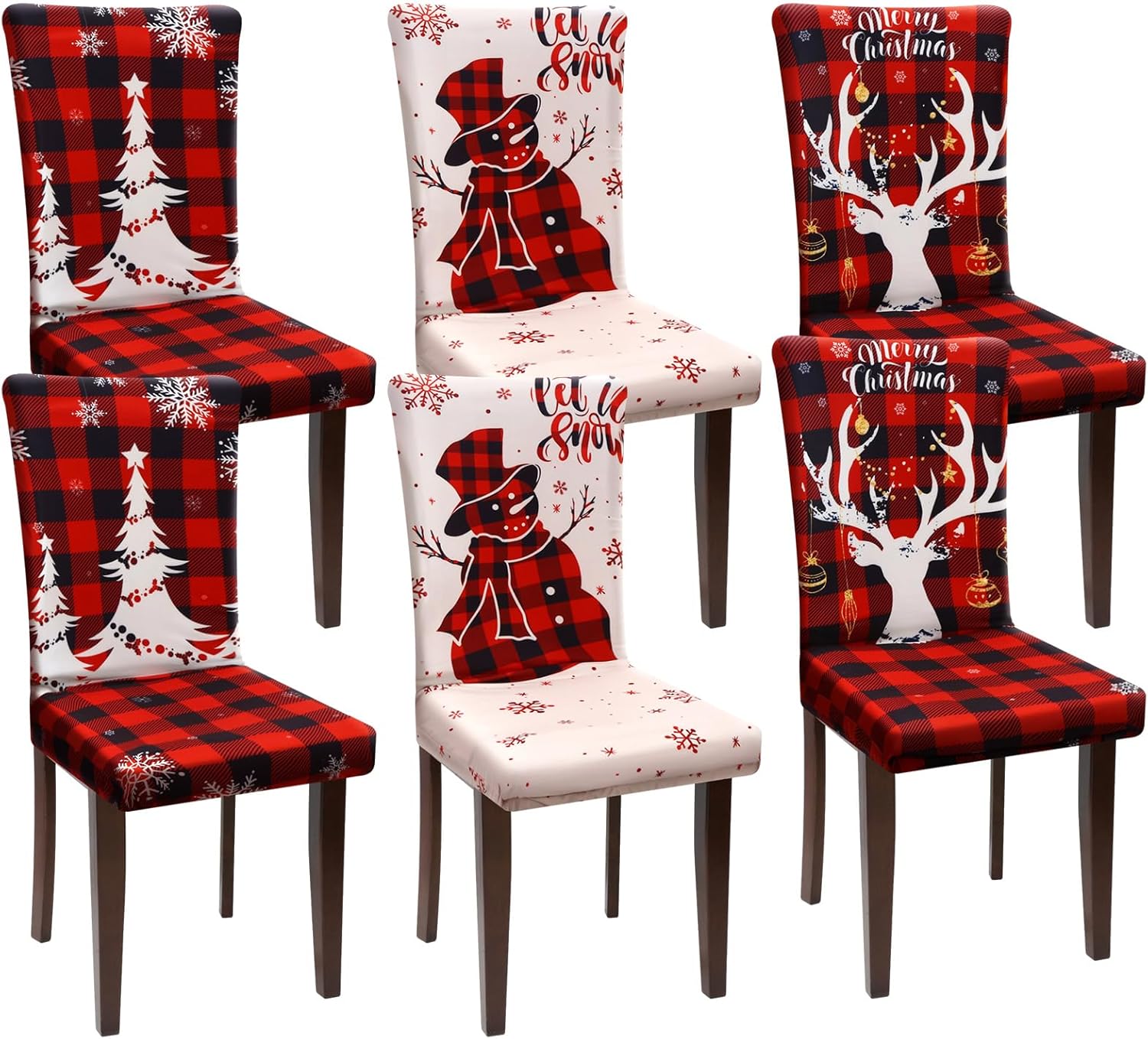 Preboun 6 Pcs Christmas Chair Covers Christmas Dining Protector Xmas Tree Snowman Elk Buffalo