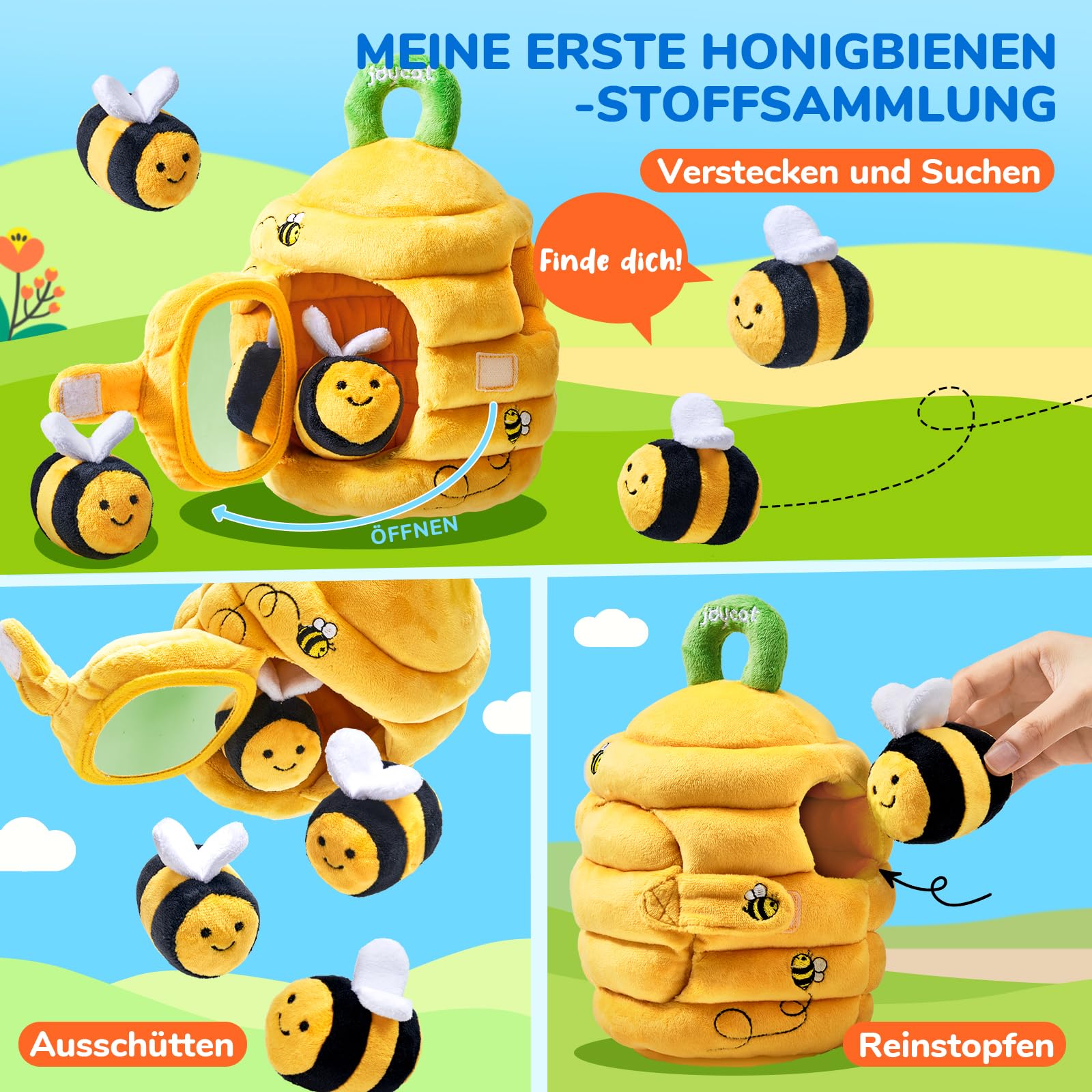 JoyCat Baby Spielzeug 6-12 Monate, Sensorik Spielzeug Baby Bienenstock mit 5 Bienen Spielzeug, Rassel, Spiegel, Montessori BabySpielzeug, Motorikspielzeug Geschenke für 6 8 9 12 Monate