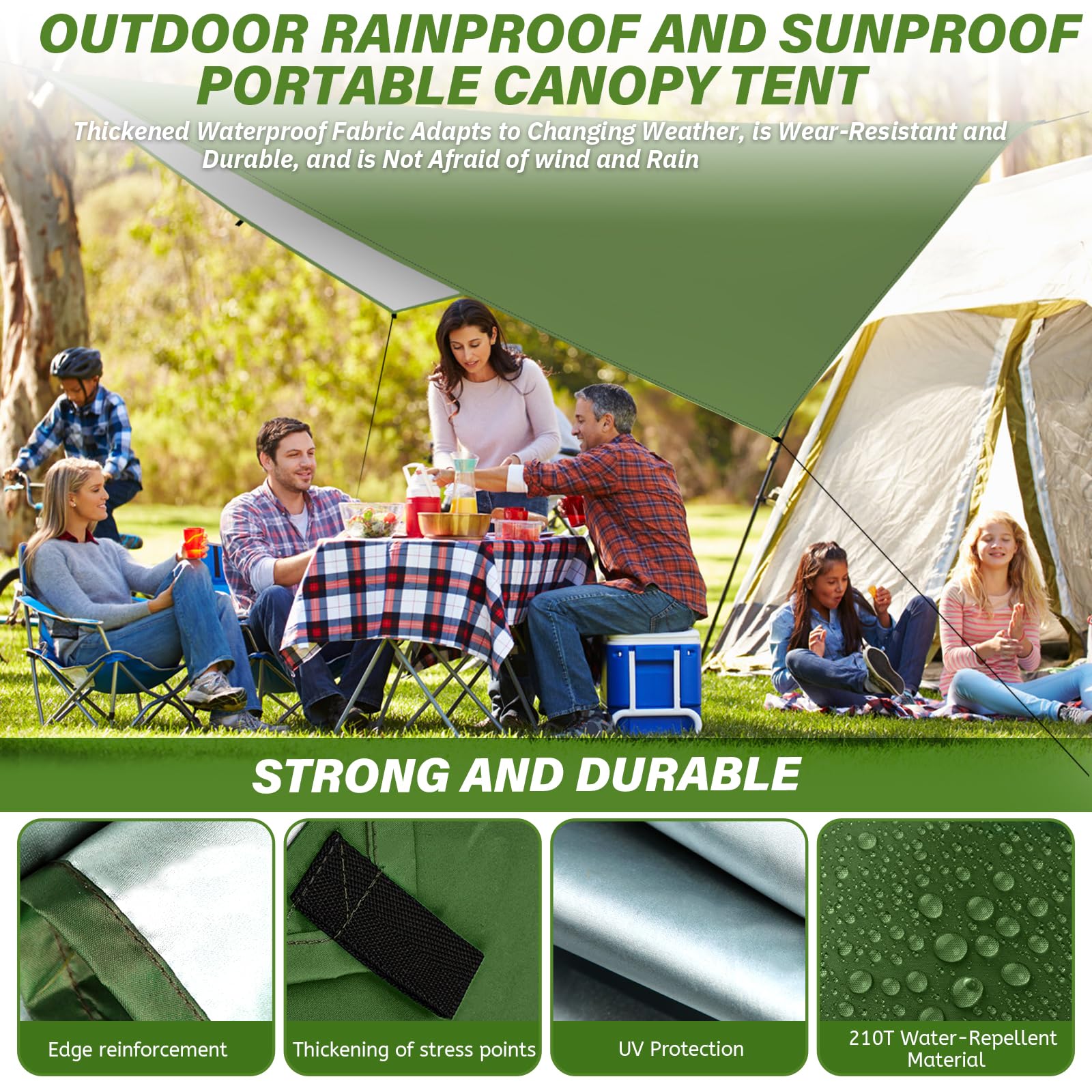 3x3M Camping Bâche, Bâche Anti-Pluie, Toile de Tente Imperméable Anti-UV, Léger Portable, avec Oeillets + Clou en Aluminium + Corde à Vent, Randonnée, Hamac, Extérieur