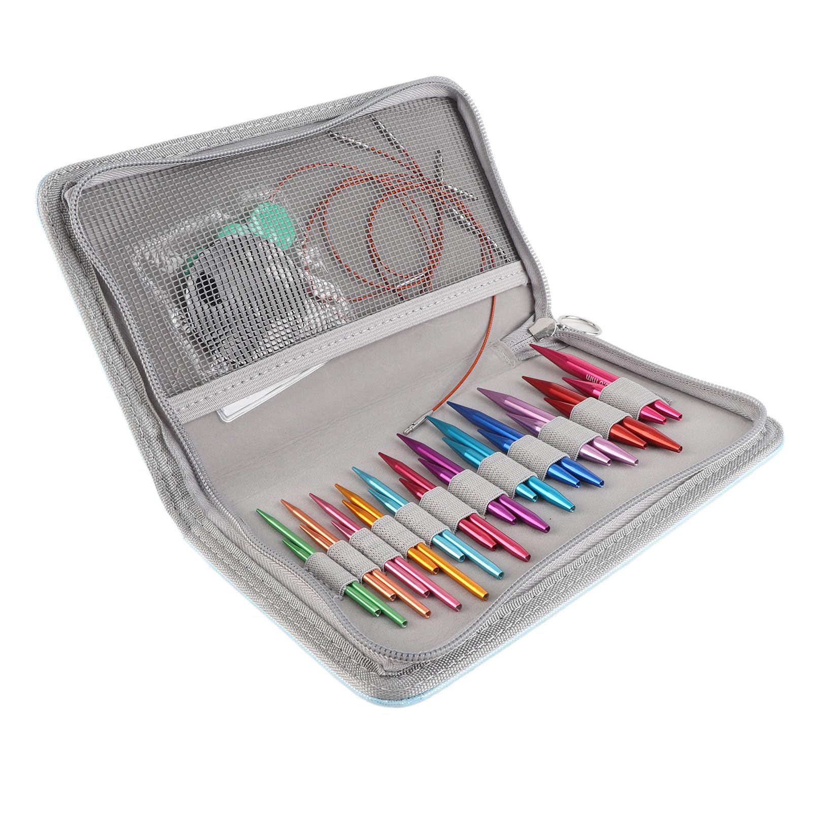 Jiawu Juego de Agujas Circulares Intercambiables, 24 Agujas de Aluminio de 3 a 8 Mm, Circulares de Aluminio Oxidado con 4 Cables, 2 Extensores, 2 P, Bolsa de Almacenamiento de 4 Botones
