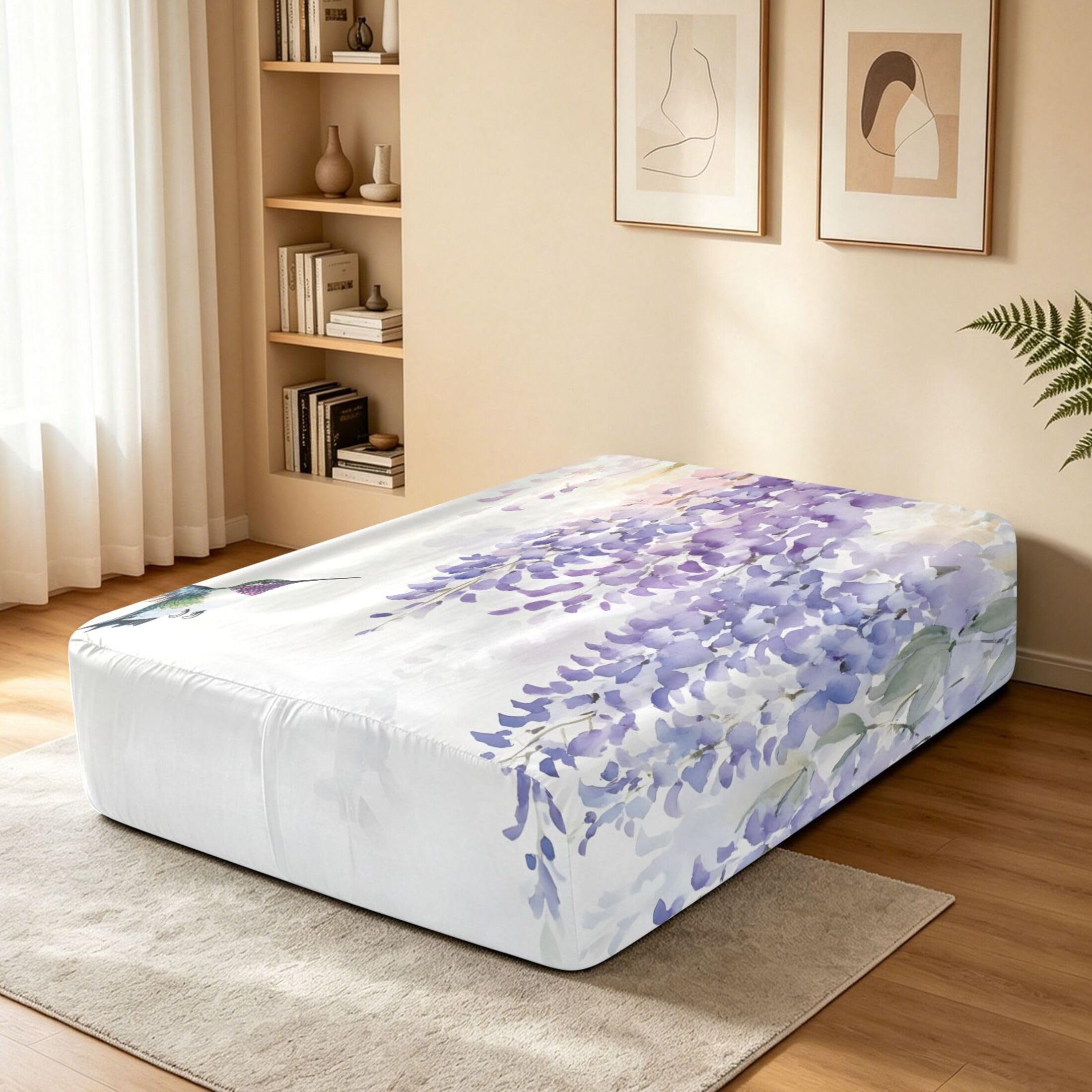 Sábana bajera ajustable de tamaño individual con diseño de flores de glicina de acuarela para colchón de aire, bolsillo extra profundo de 24 pulgadas, funda suave y transpirable con apertura