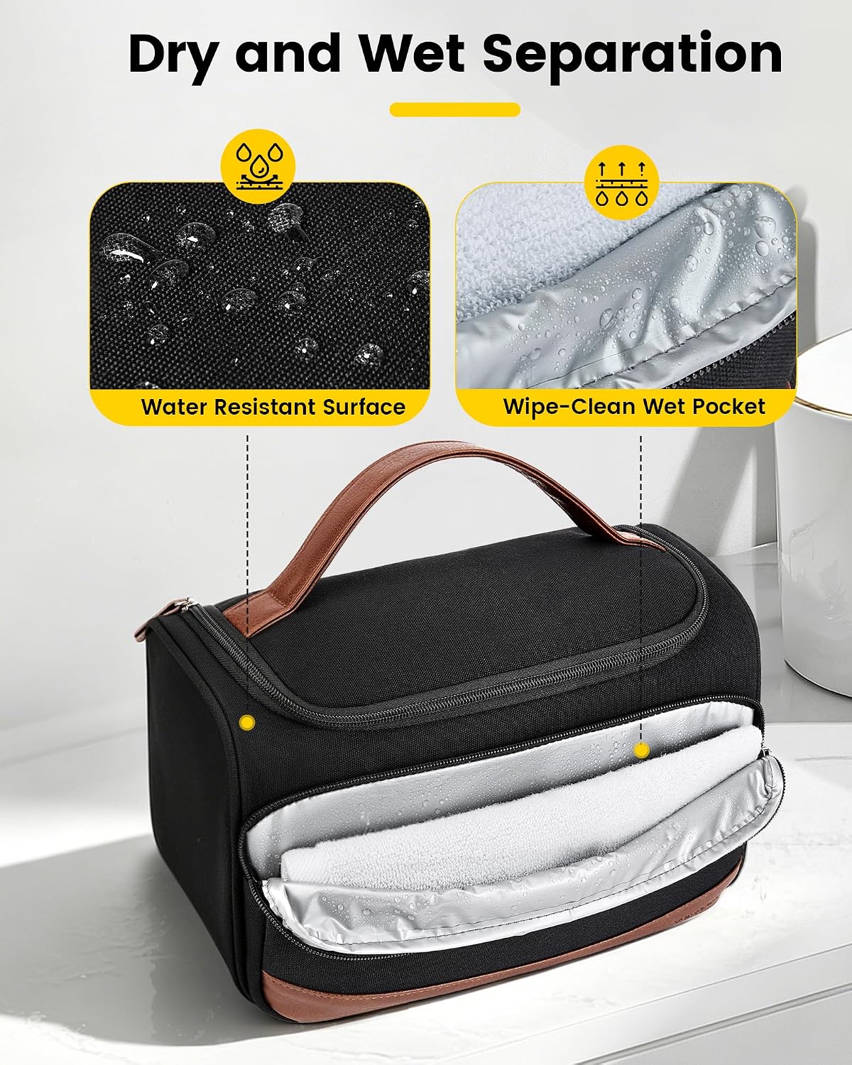 Vorspack Structured Canvas Toiletry Bag for Men, Upright Travel Bag with Wet Pocket, Wide Opening Bathroom Organizer for Shaving, Grooming, Skincare, Travel Essentials, Medium-Black