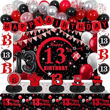 13th Birthday Decorations for Boys Girls Red Black, Official teenager decorations with Happy Birthday Banner Backdrop 13 Balloon Numbers Honeycomb Centerpieces 13 Years Old Party Supplies
