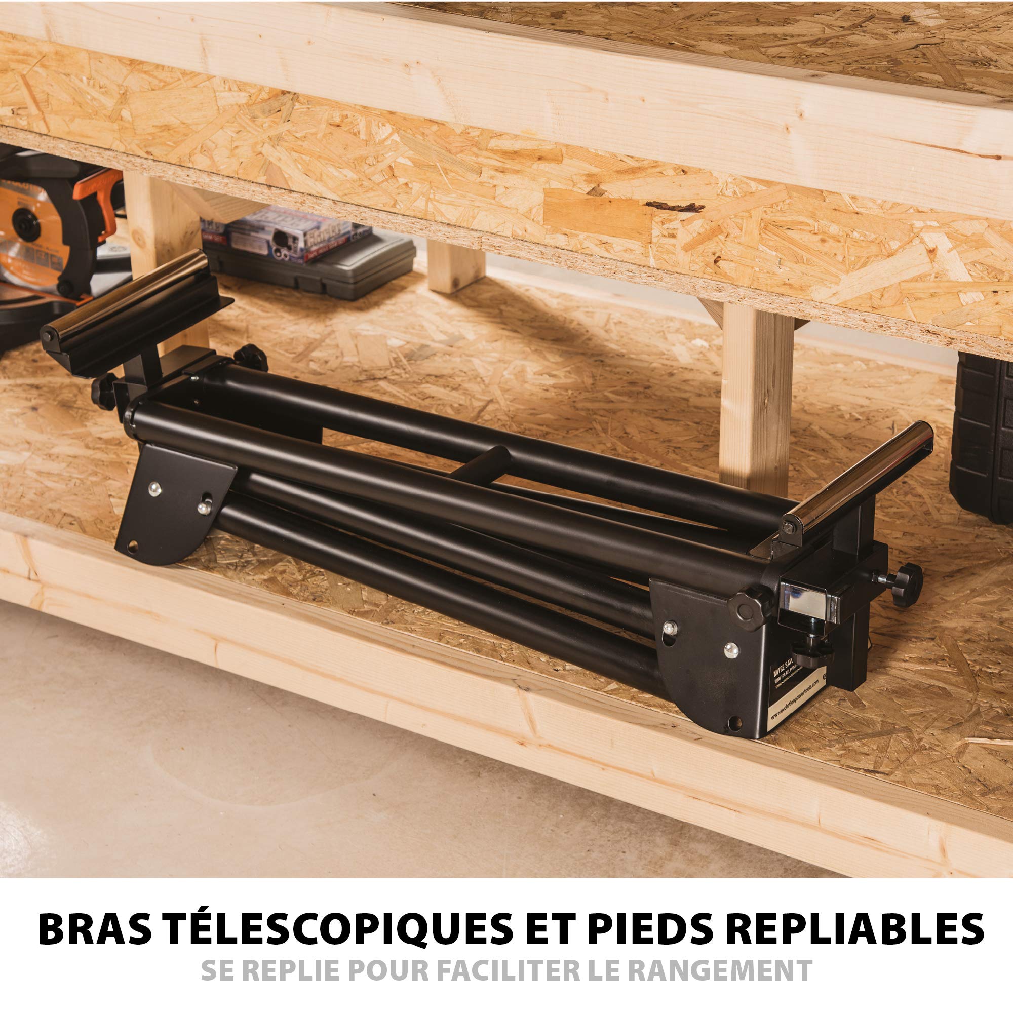 Support Universel Scie À Onglet Evolution Power Tools EVOMS1 Pieds Repliables Bras Extensibles 150 Kg 3 m