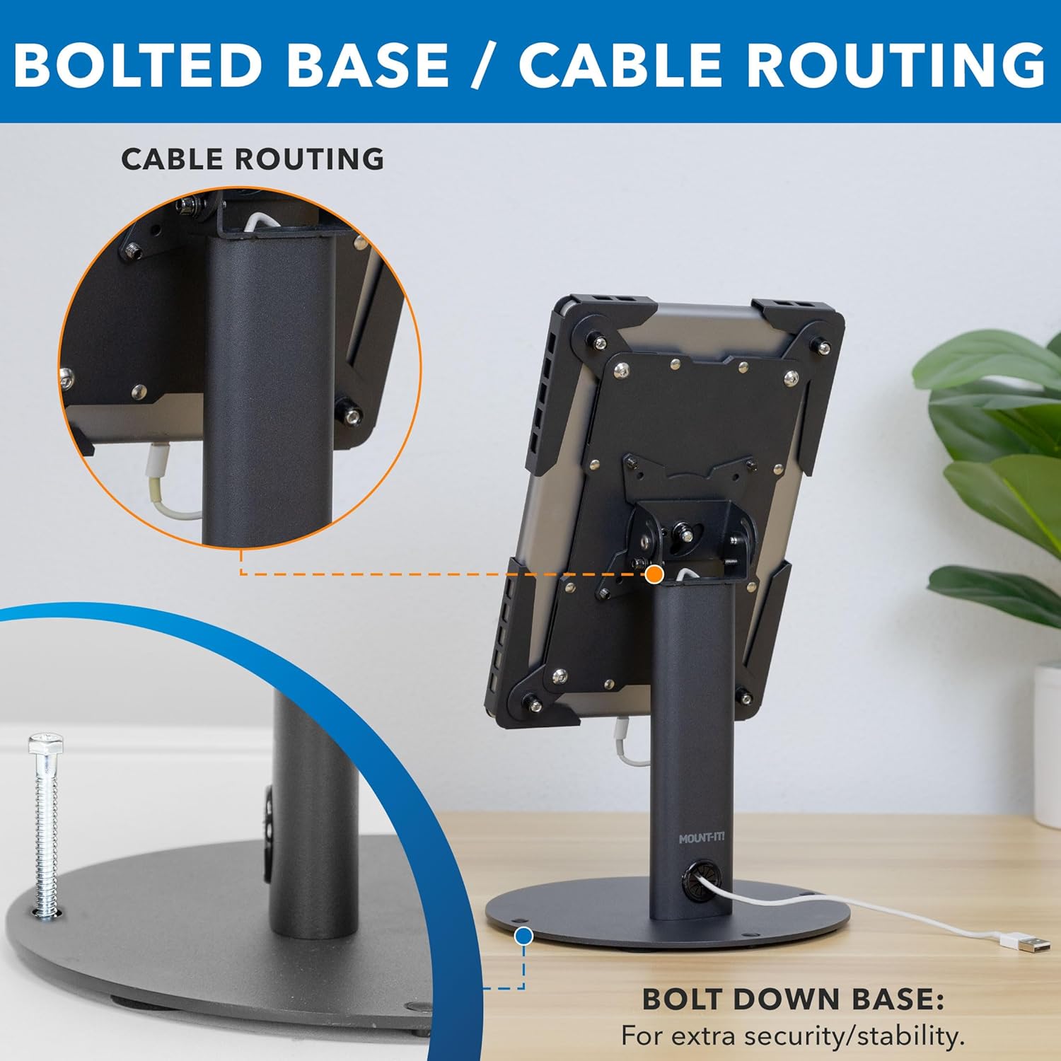 Close-up of the stand's base showing a bolt securing it to a surface and a cable routed through the column.