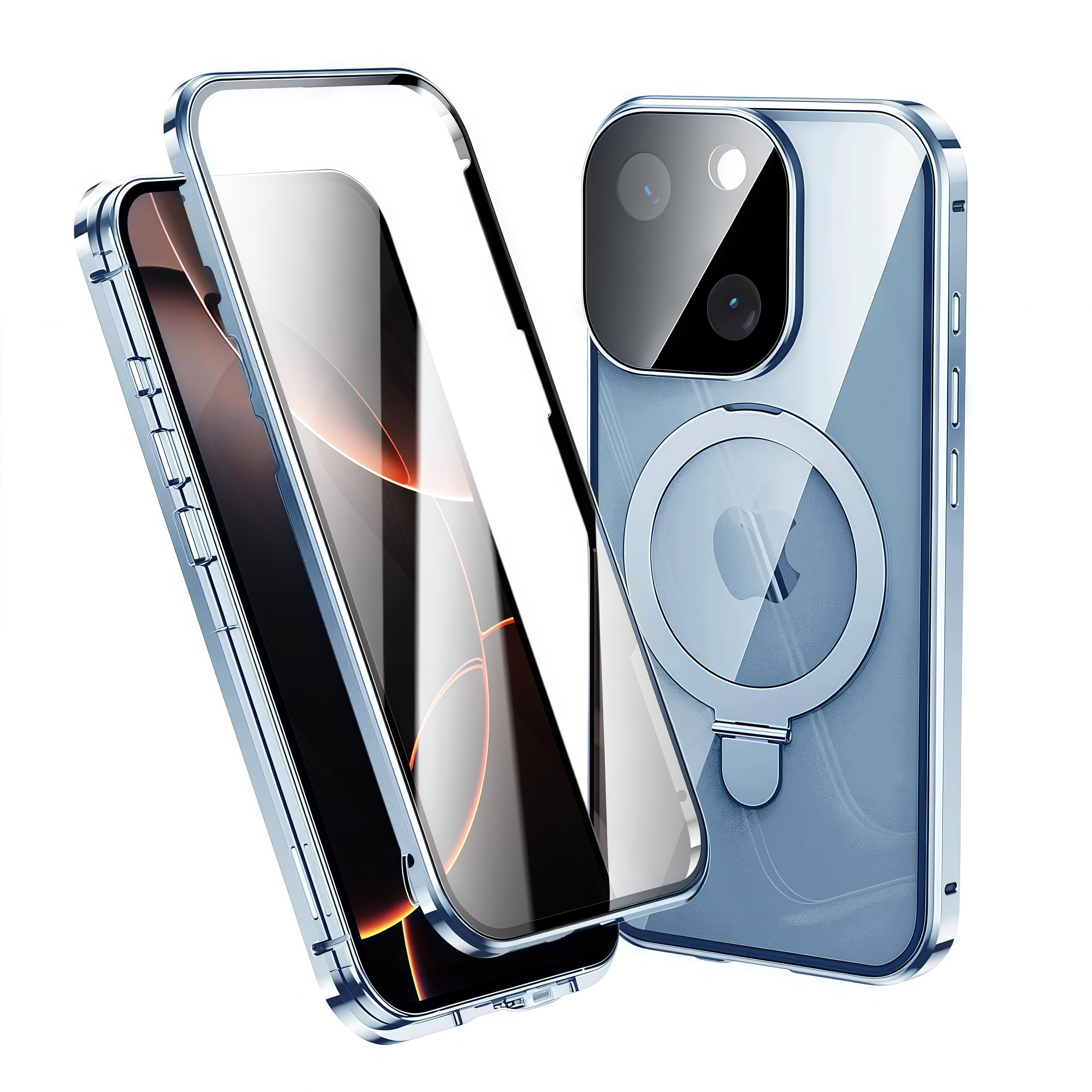 Funda MagSafe para iPhone 15, protector de pantalla integrado y protector de lente, soporte de anillo magnético, marco de metal a prueba de golpes de grado mil. Anti-amarillo, soporte,