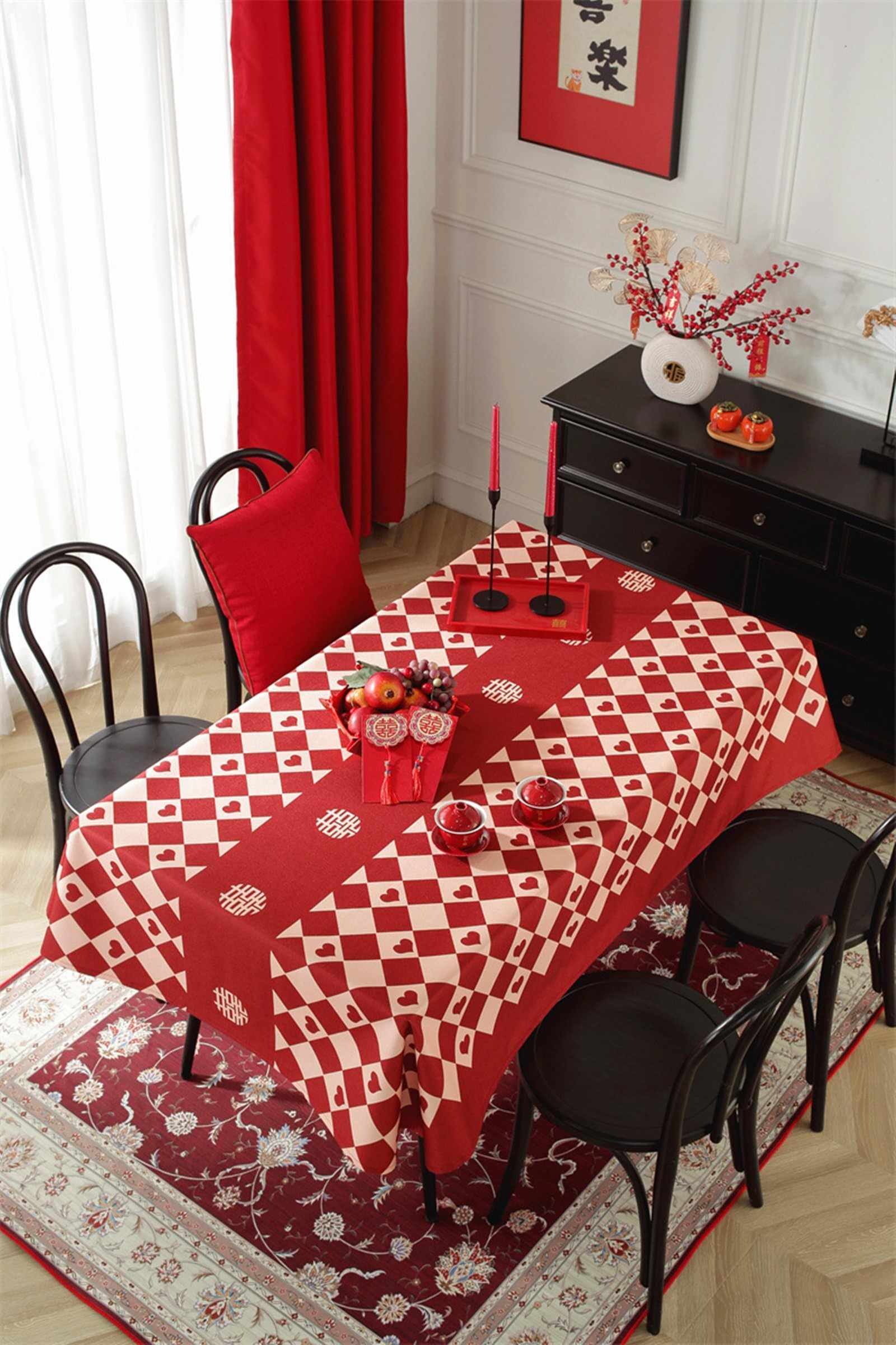 Tovaglia Da Tavolo Moderne, Poliestere Reticolo di rombo con motivo a cuore Tovaglia per Casa e Cucina, Tovaglia Elegante per Picnic, Rosso, Stile 1, 135 x 200 cm