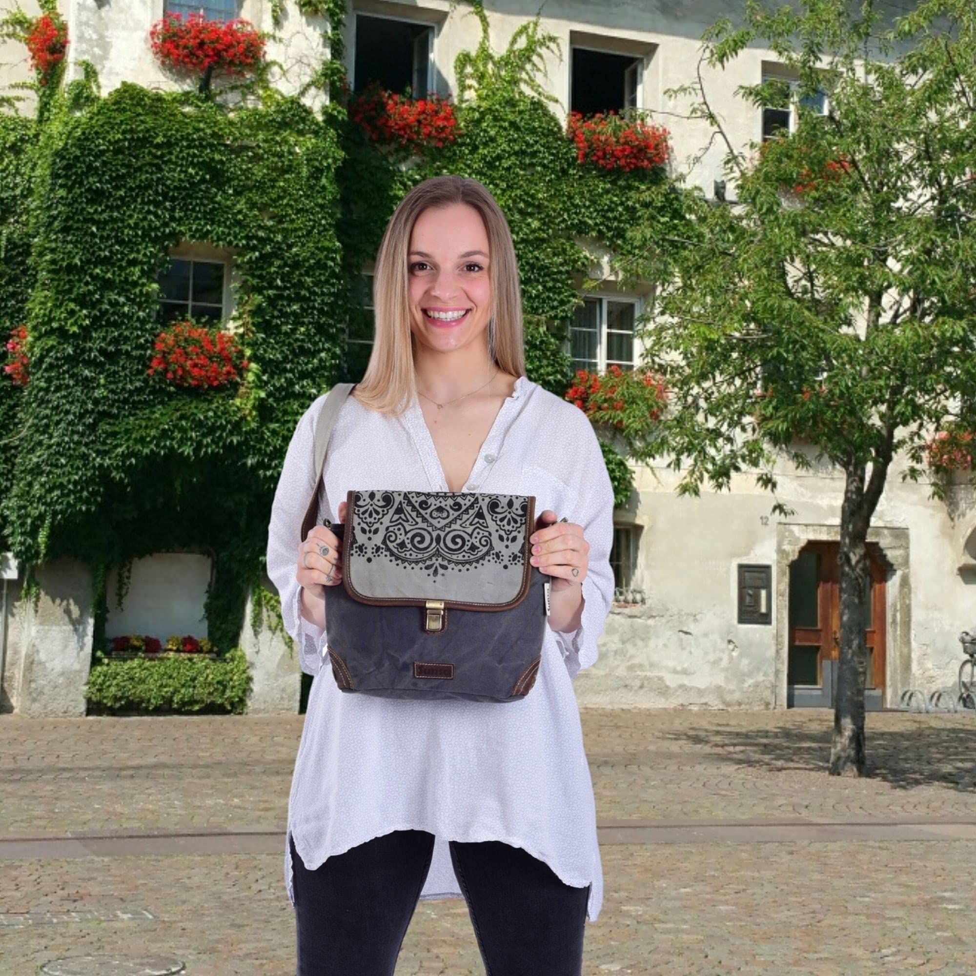 Sunsa Damen Umhängetasche. Canvas/Leder Messenger Tasche. Grau/schwarz