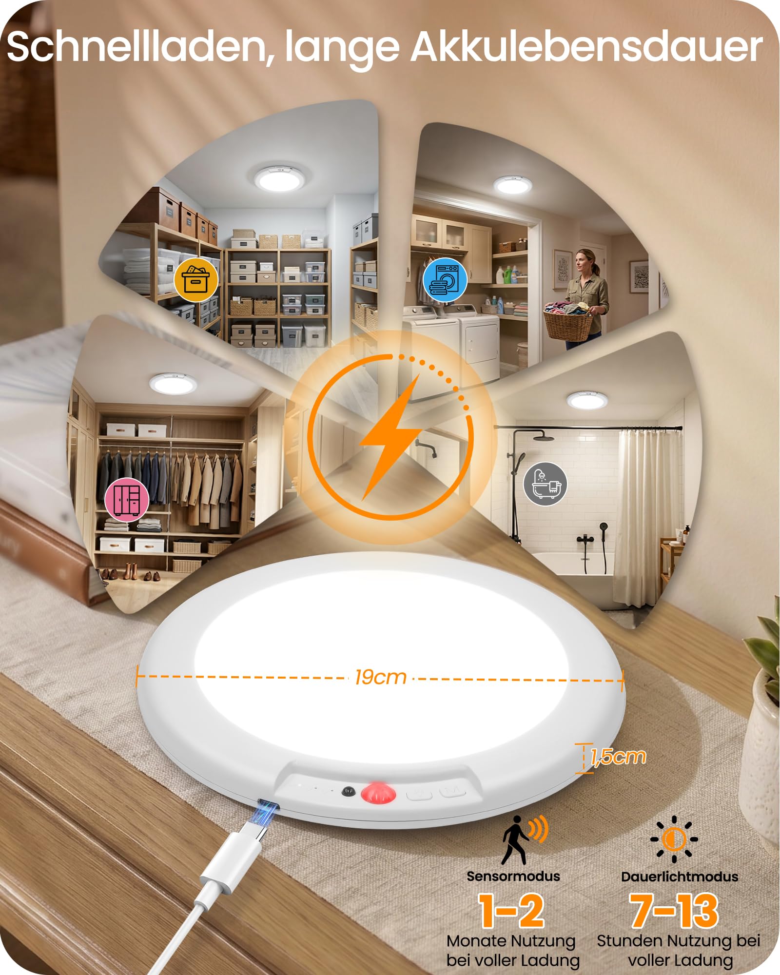 Aufladbare LED-Deckenleuchte mit Bewegungsmelder, 4er-Set | LED-geeignet; Augenschonend; nachttischlampe holz, nachttischlampe grün; Schlafzimmer, Wohnzimmer; Augenschonend