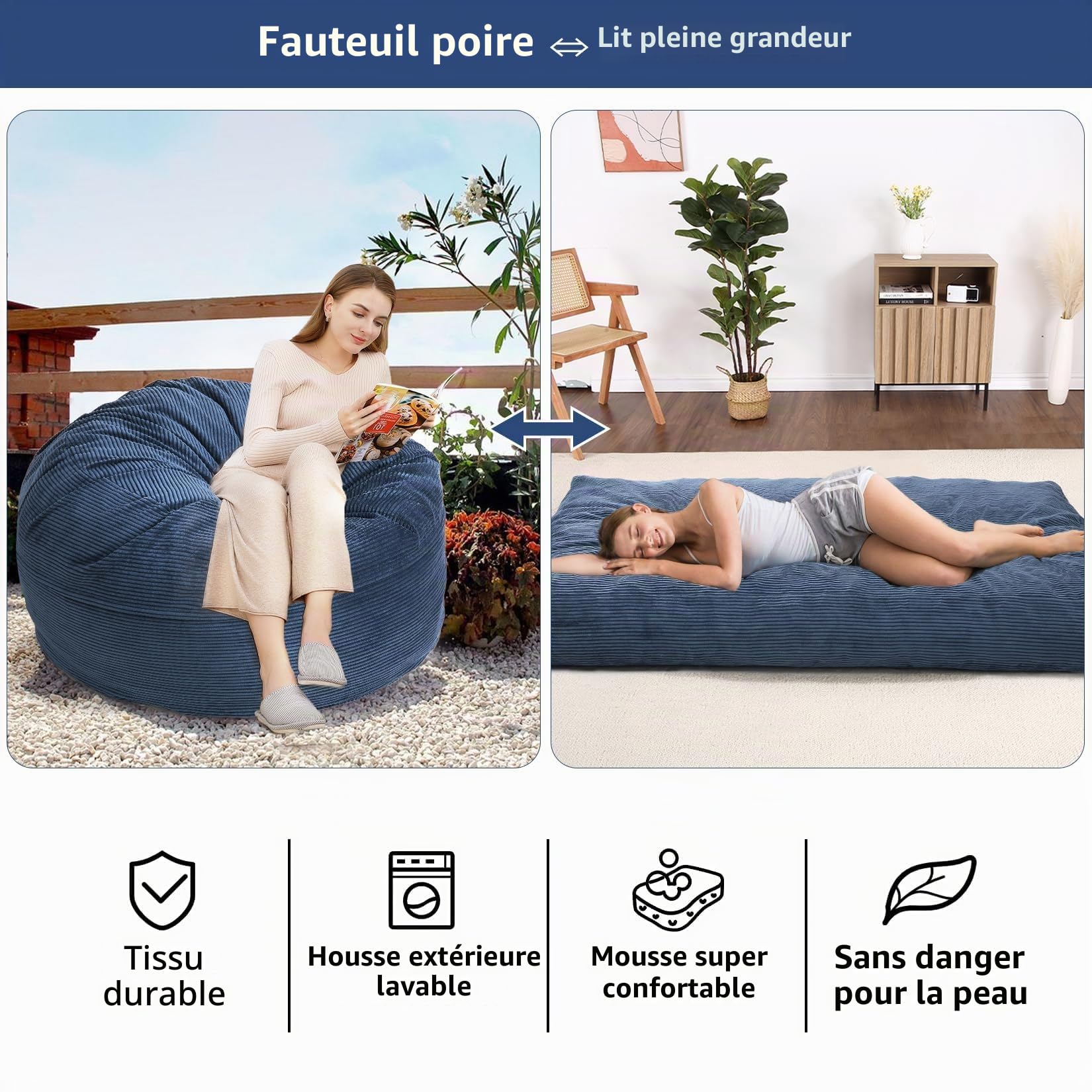 Géant Pouf Lit Convertible en Velours Côtelé,2 in 1 Canapé Paresseux Convertible lit,Rembourrage Mousse,Canapé lit Convertible/Chauffeuse 1 Place pour Salon/Chambre(190x135x25cm,Bleu)