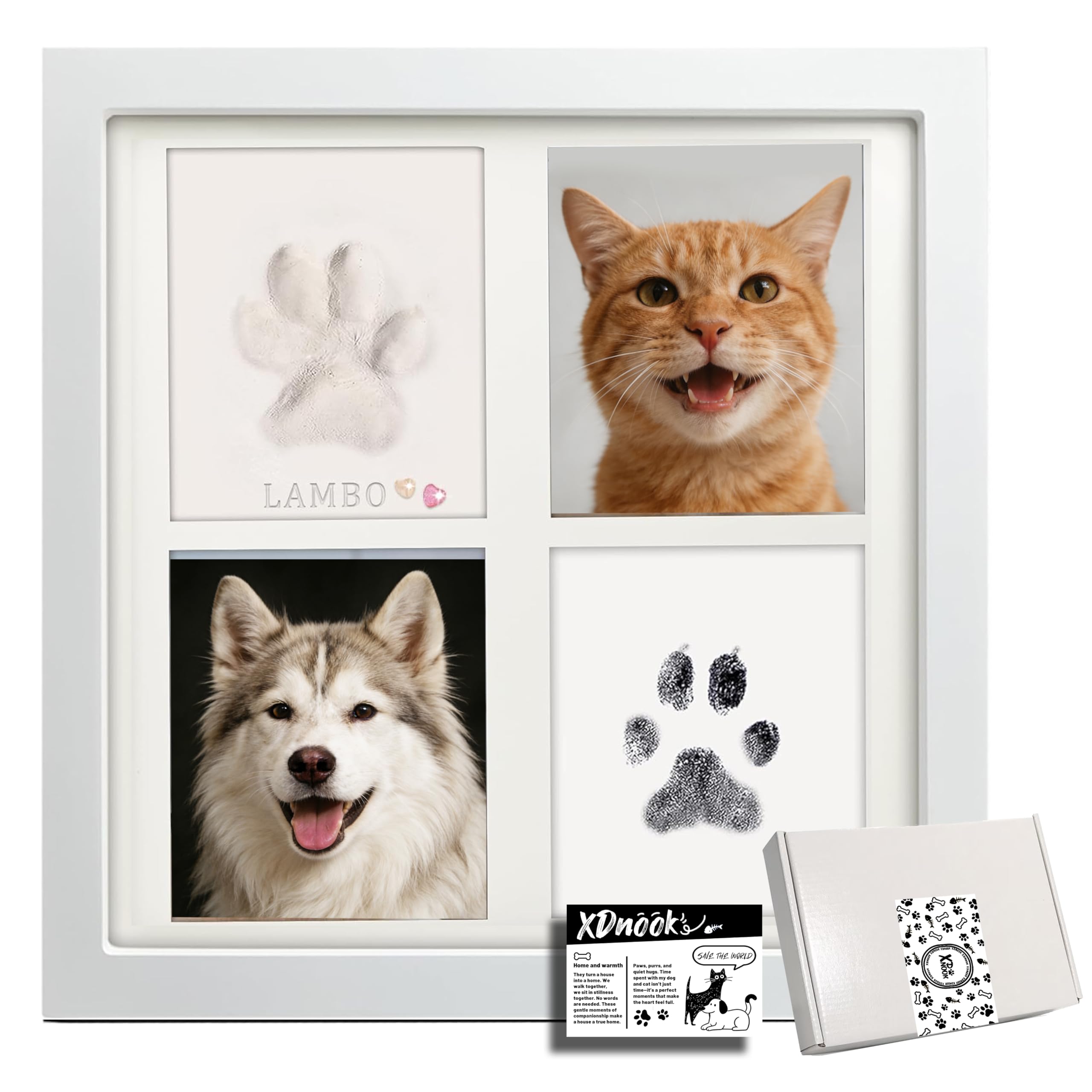 XDNOOK Ink & Clay Paw Print Kit for Dog Cat,Clean-Touch Ink Pad & Soft Clay,Pet Paw Print Impression Kit Large Area,Keepsake Frame for 1-2 Pets,Cat/Dog Gifts (White)
