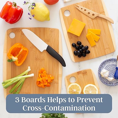 Miniatura 3 de Totally Bamboo Juego de tablas de cortar de bambú de dos tonos de 3 piezas, tablas de cocina reversibles para cortar y servir queso, carne, verduras