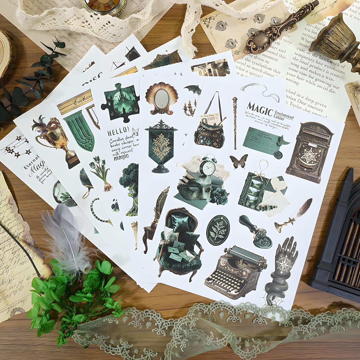 Snycler Sticker Book - 20 Sheets Vintage PET Stickers for Scrapbooking, Junk Journaling, Ephemera, and Decorative Crafts-Emerald Spell