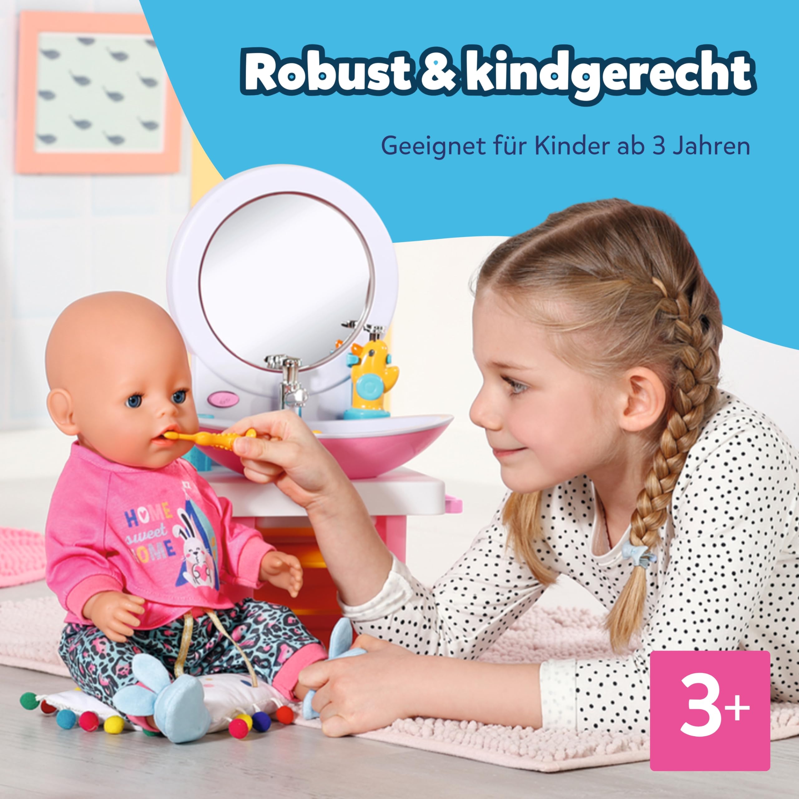 BABY Born Waschtisch - Interaktiver Puppenwaschtisch mit Licht- & Soundfunktion - Hochwertiges Puppenzubehör - Inkl. Zahnbürste, Zahnputzbecher, Seifenspender & Handtuch