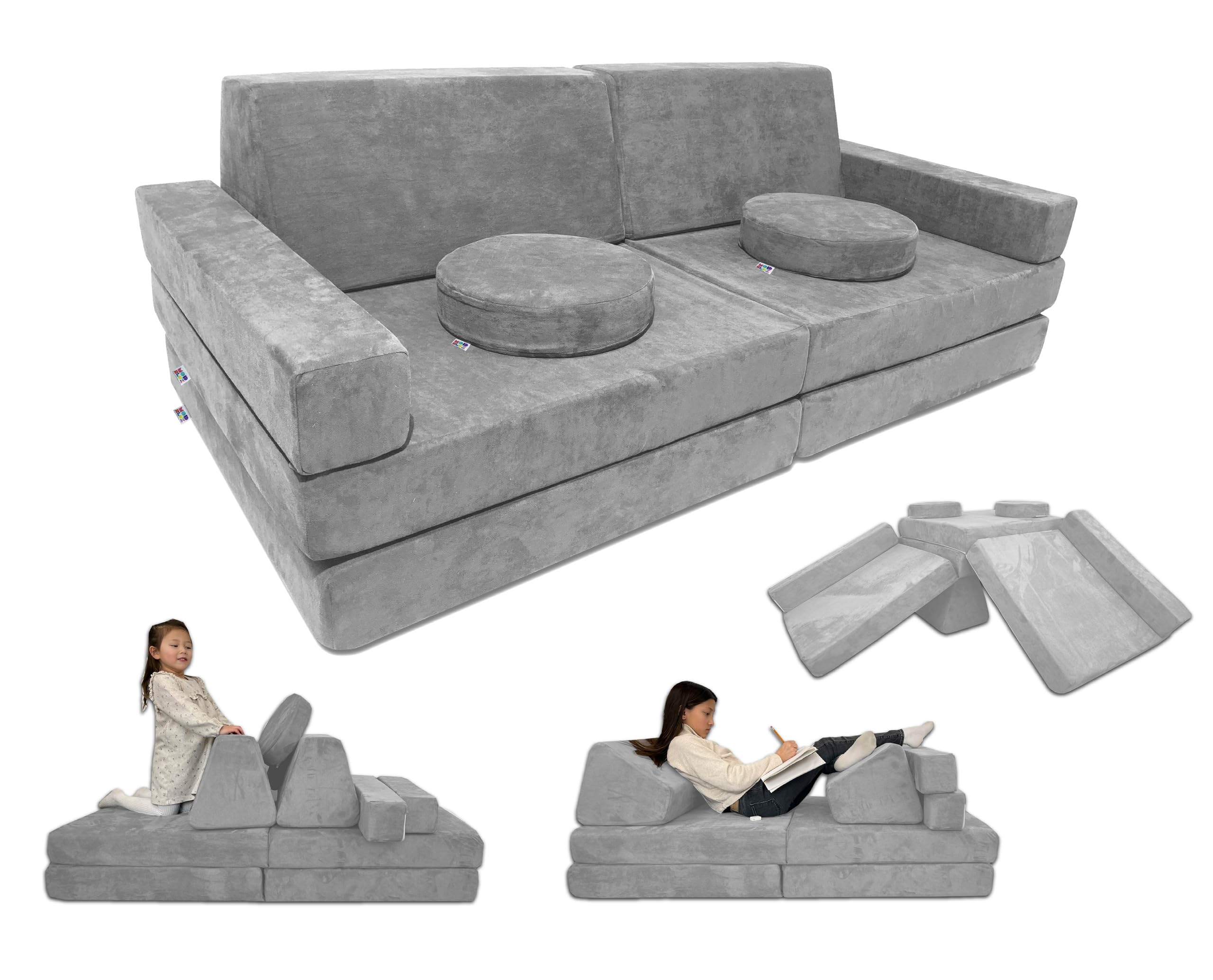 Mod Blox 10 Piece Soft Modular Kids Play Couch for Boys and Girls｜Child Sectional Fort Building Sofa for Toddlers Playroom with Microsuede Covers + High Density Convertible Foam Cushions (Light Gray)