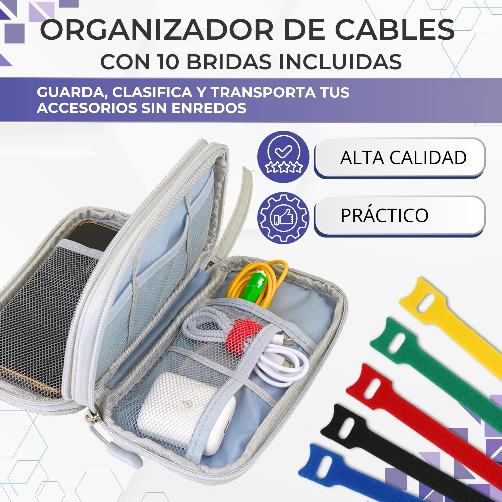 Organizador Cables Viaje – Estuche para Cables + 10 Bridas Autoadherentes | Estuche para Cargadores, USB y Accesorios Electrónicos | Bolsa Compacta y Versátil (NEGRO) - 2