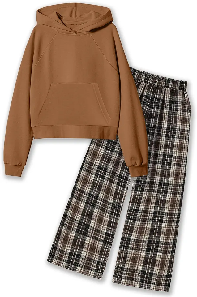 kadoubiyoo Cute Clothes for Girls Solid Long Sleeve Hoodie Sweatshirt Plaid Wide Leg Pants with Pockets Winter Girls Outfits