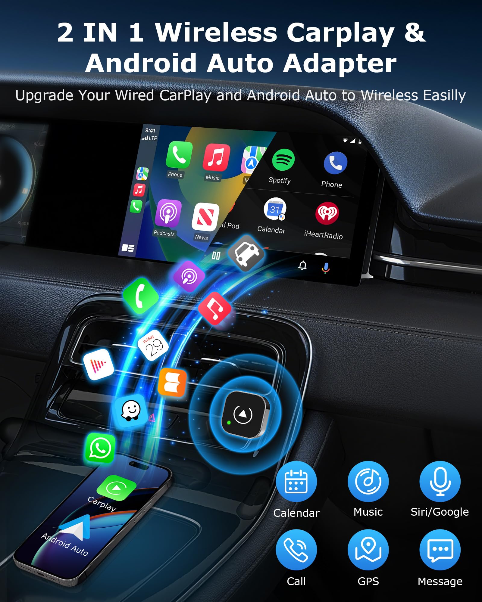 2 en 1 Adaptador Carplay Inalambrico Android Auto para Apple/Android Auto | Plug and Play, Diseño Compacto, Wi-Fi de Doble Banda de 2,4 GHz + 5,8 GHz, Ampliamente Compatible, Conexión Automática