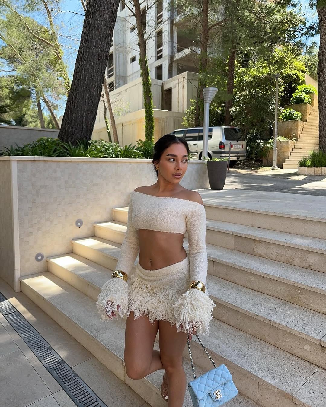 Women's Fuzzy Knit 2 Piece Skirt Set Off Shoulder Long Sleeve Crop Top and Mini Skirt Outfit Sweater for Fall Winter