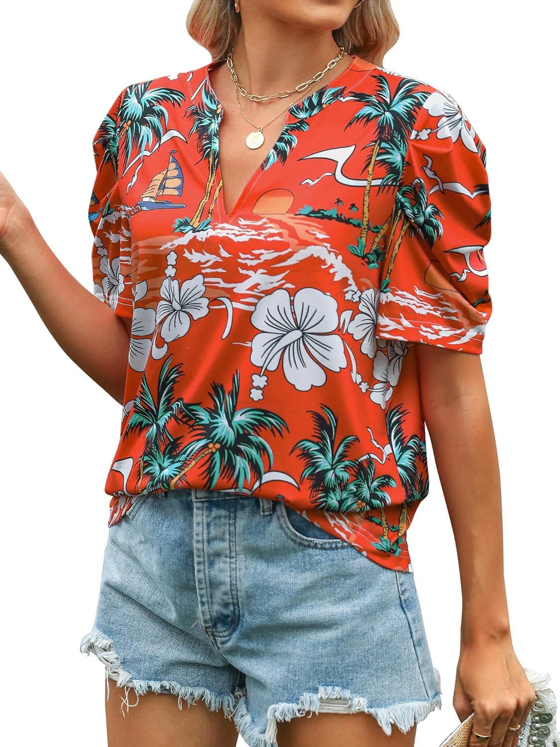 Ezcosplay Women Puff Sleeve Tops Floral Hawaiian Shirt Notched V Neck T-Shirt Casual Tropical Outfits - Image 6