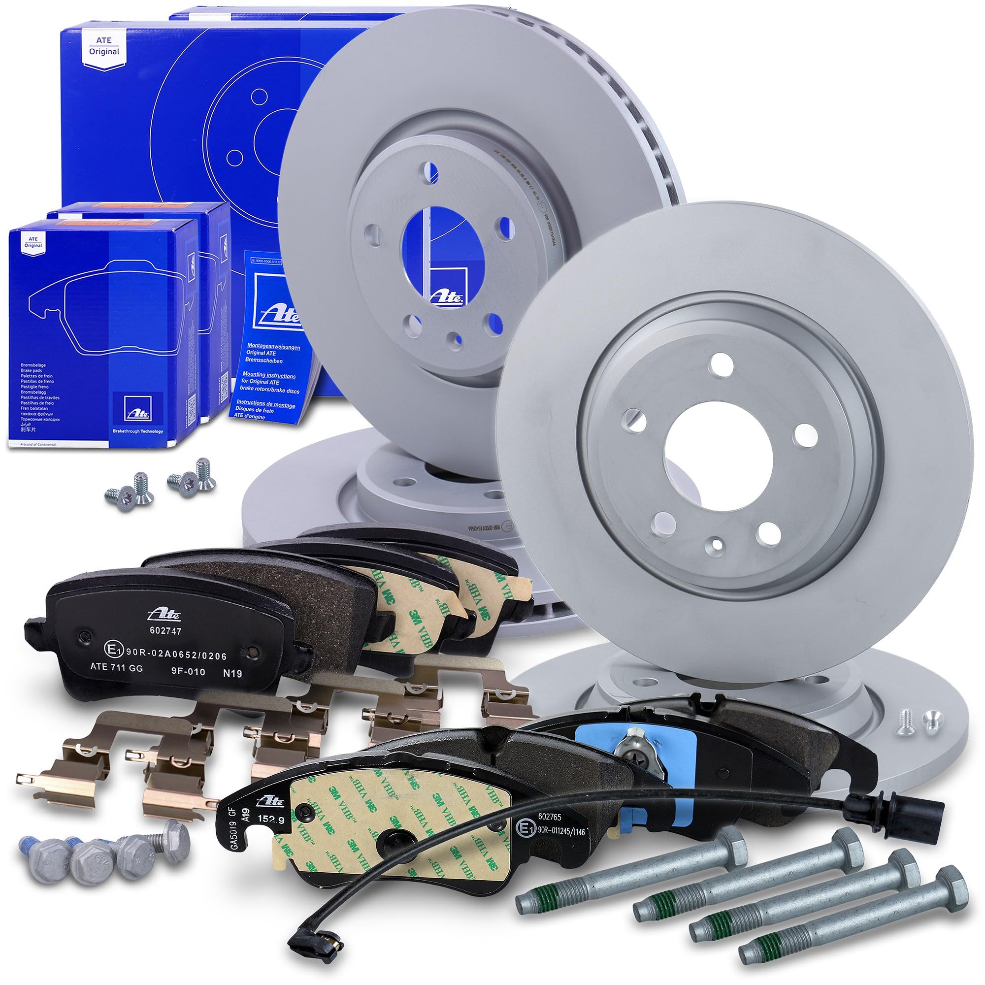 ATE Set freni incl. dischi freno anteriori ¯ 320 mm ventilati + posteriori ¯ 300 mm pieni e pastiglie freno anteriori + posteriori e contatto di usura Compatibile con AUDI Q5 (8RB), Q5 Van (8RB)