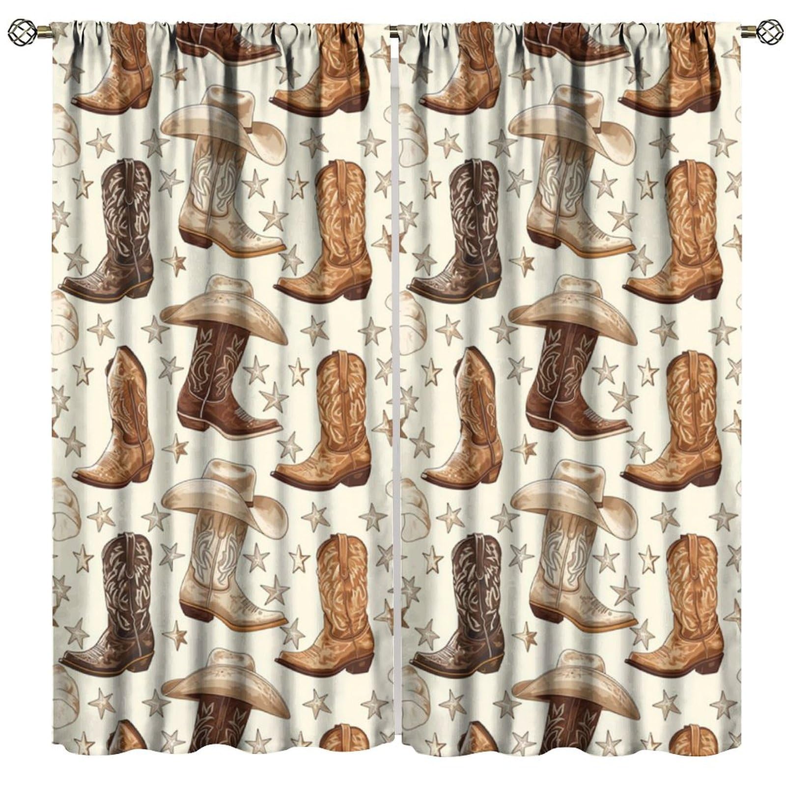 PHTAYOT Retro Cowboy Curtains, Traditional Rodeo Cowboy Hat and Cowgirl Boots Pattern for Room Window Decor, Rod Pocket Print Blackout Drapes for