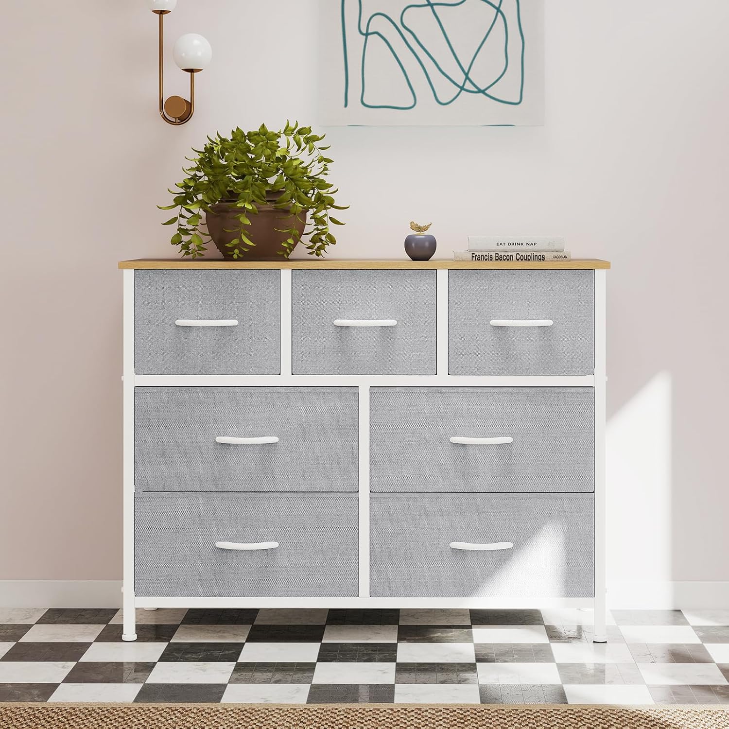OLIXIS 7 Drawers Dresser for Bedroom, Fabric Storage Tower for Living Room, Entryway - Sturdy Steel Frame, Wooden Top and Easy Pull Fabric Bins, Closet Chests Organizer for Clothes,Light Gray