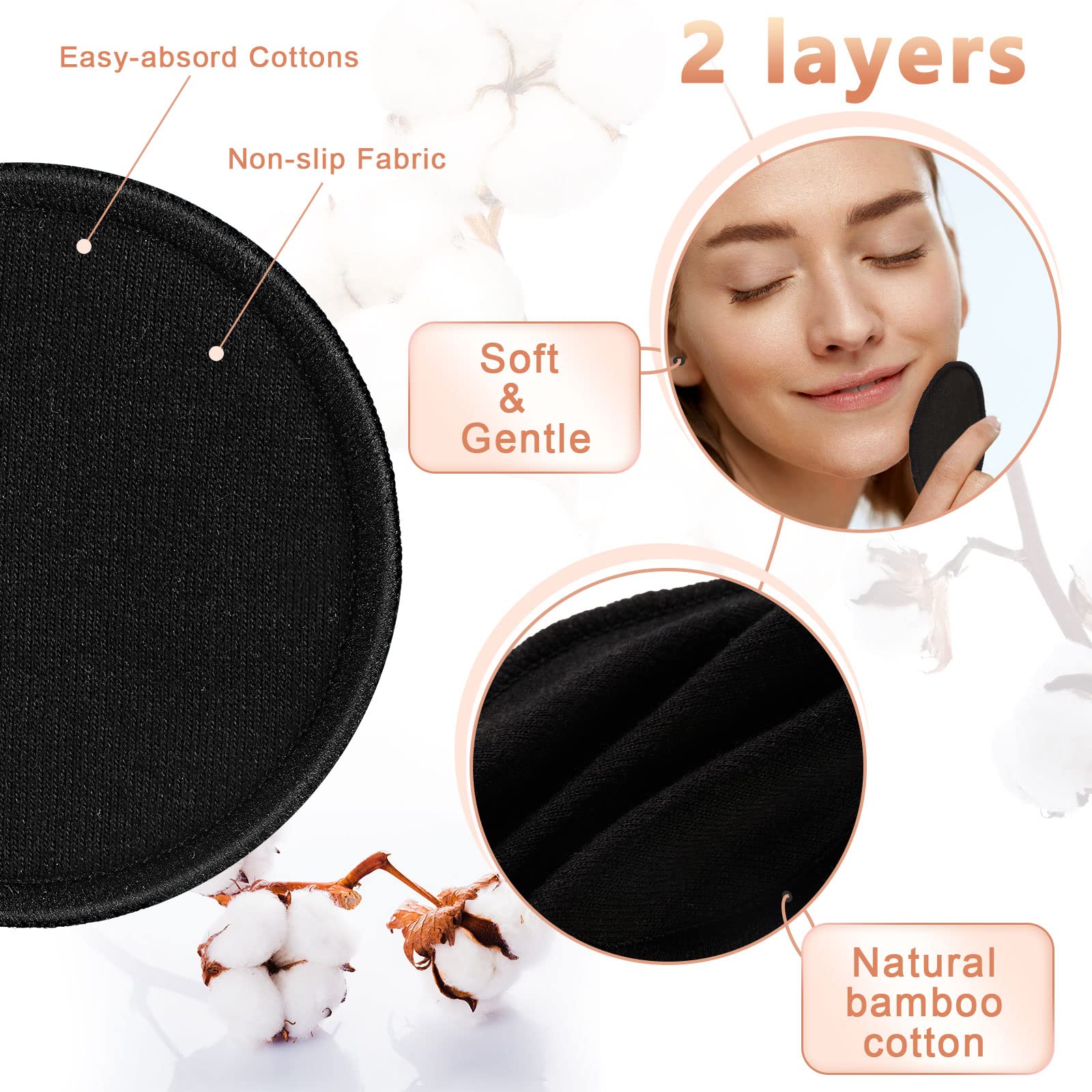 40 Stück wiederverwendbare Make-up-Entferner-Pads, natürliche waschbare Bambus-Baumwolle, runde für die meisten Hauttypen, waschbares Make-up-Pad für Toner mit Bambushalter und Wäschesack (schwarz)