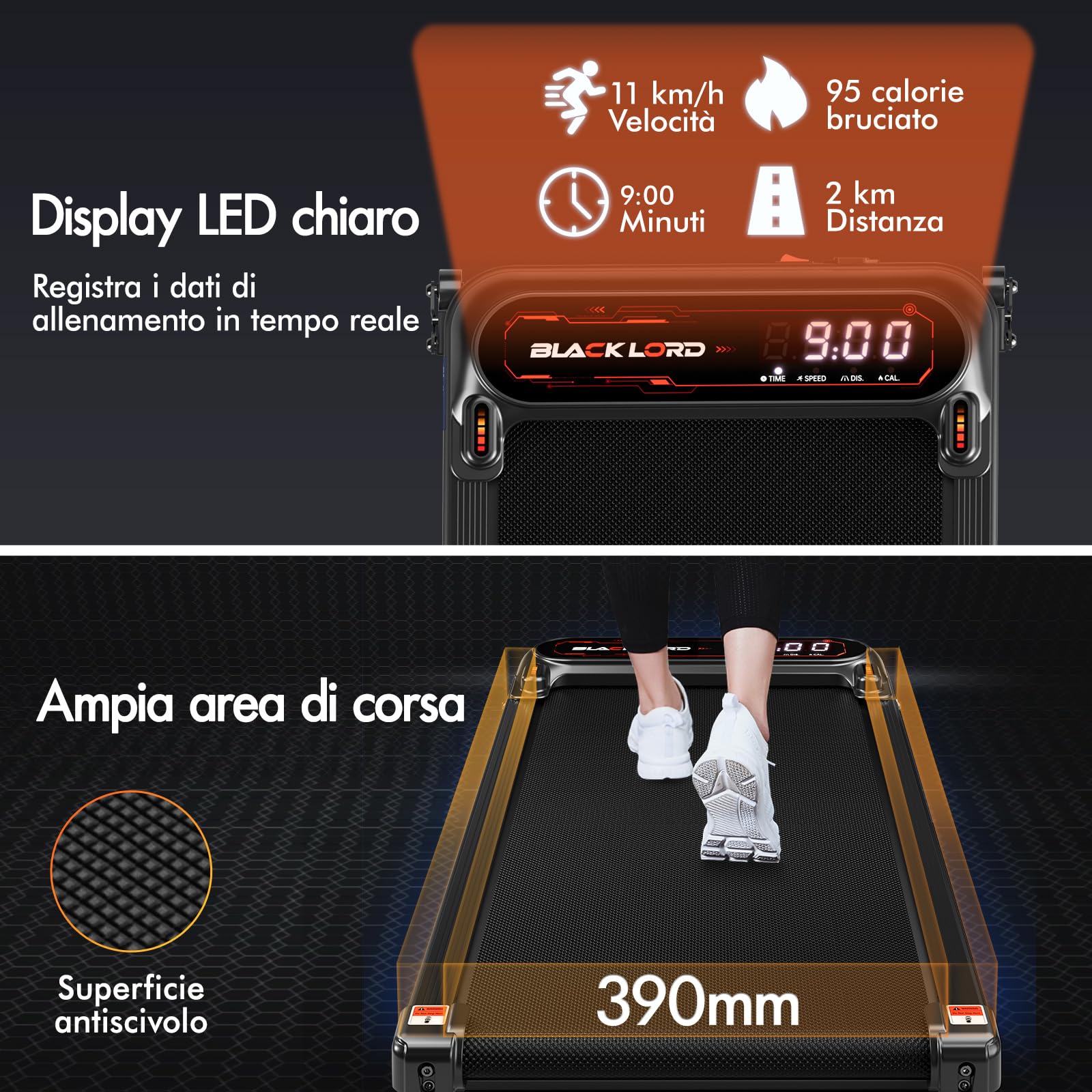 BLACK LORD Tapis roulant X7, Walking Pad sottoscrivania, Motore silenzioso 3.0CV, Portata 130kg, Tracciamento Bluetooth, 3 livelli inclinazione, Nastro antiscivolo (Senza maniglione, Nero)