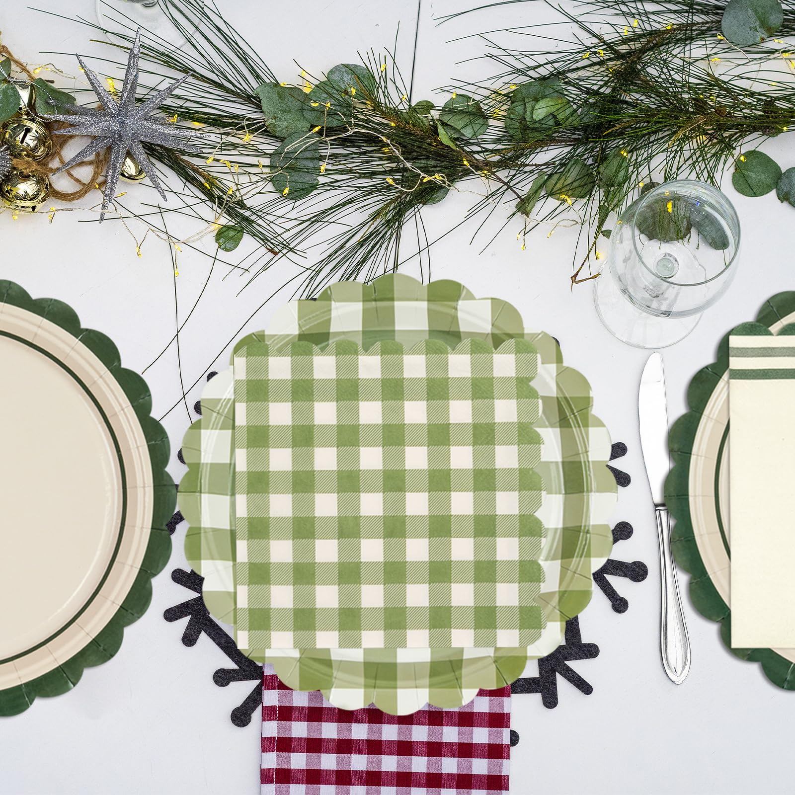 48 pezzi Salvia Gingham con bordo ondulato, piatti di carta e tovaglioli per compleanno, piatti di carta usa e getta con motivo a scacchi, piatti di carta decorativi Gingham, piatti di carta