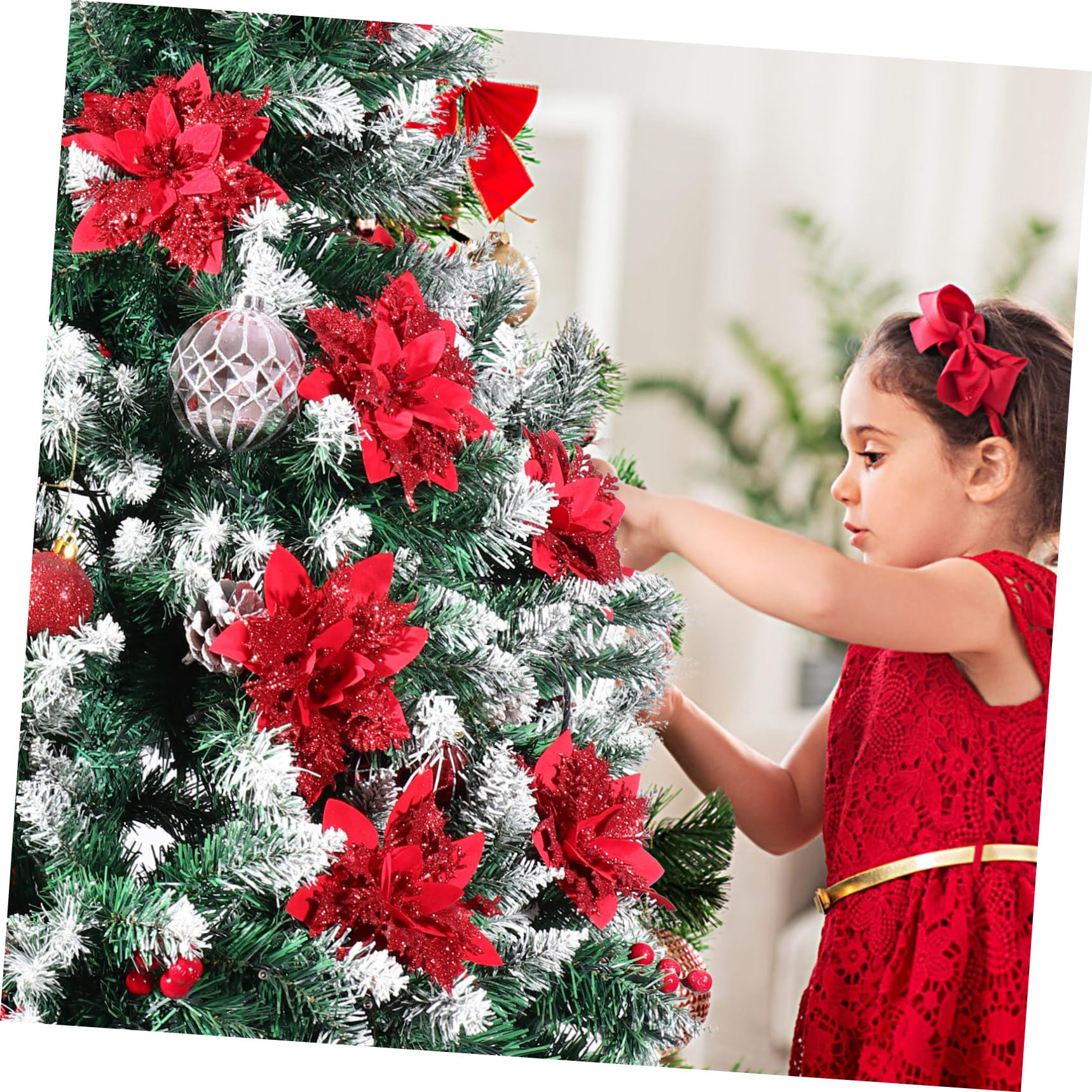 TOYANDONA 12 Piezas de Decoración de Flores Artificiales Poinsettia de Navidad para La Decoración del Árbol de La Guirnalda de Navidad con 12 Piezas de Clips Y Tallos Rojo Brillante