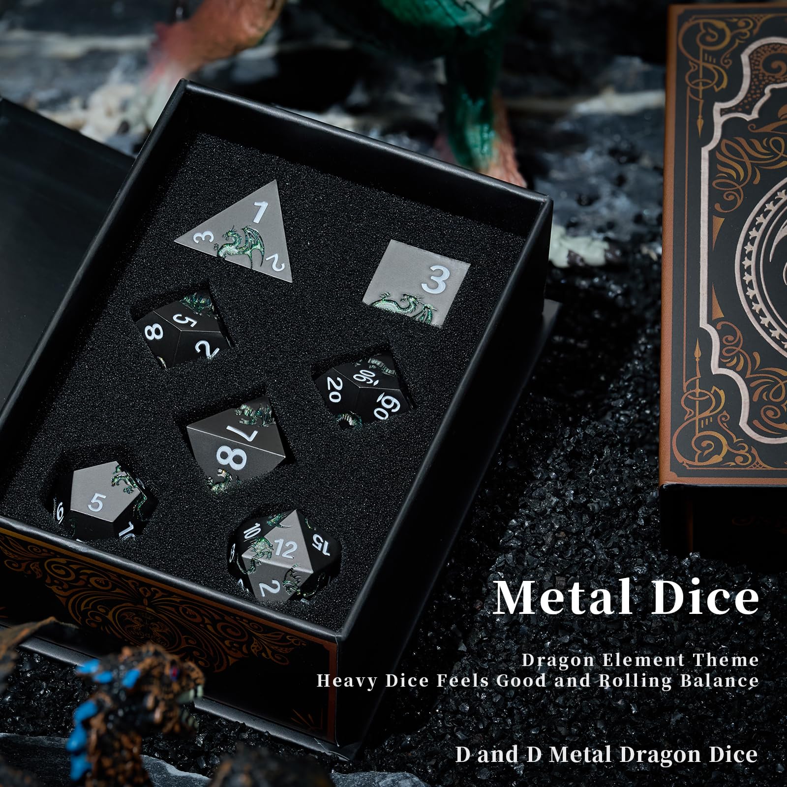 Set de 7 dés JDR en métal, dés polyédriques DND en Alliage de Zinc avec Dragon 3D et Coffret Cadeau magnétique, pour Jeux de rôle sur Table (Noir Vert pailleté)