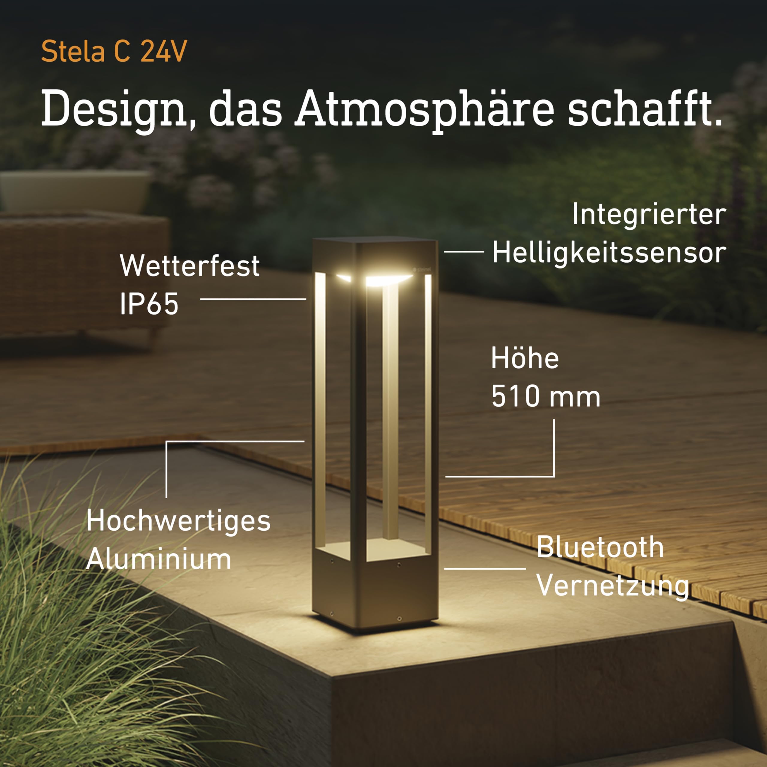 Steinel Wegeleuchte Stela C 24V, 51 cm Höhe, RGBWW Gartenleuchte, 16 Mio. Farben, Dämmerungssensor, dimmbare Pollerleuchte, Zeitschaltuhr, App-Steuerung, Plug & Play, IP65, Anthrazit