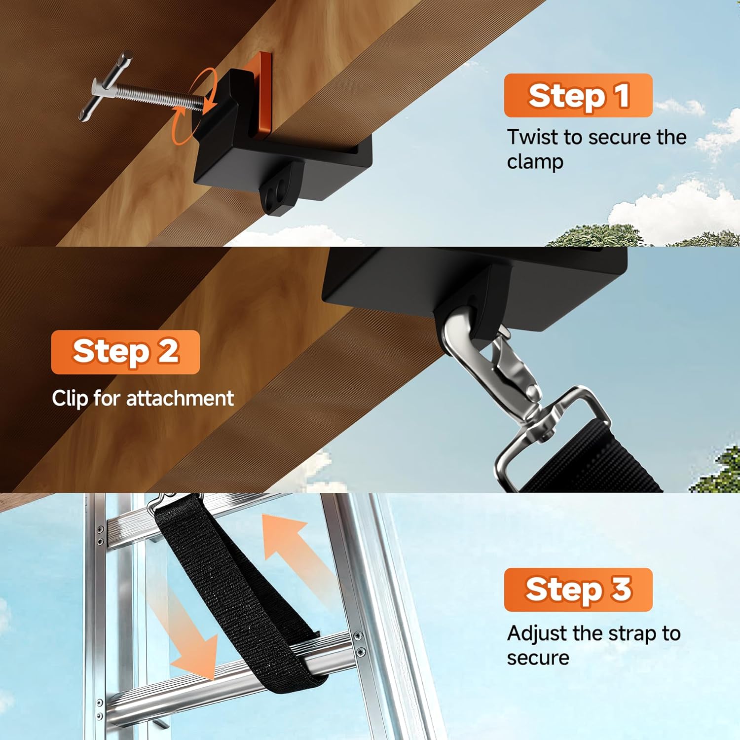 Ladder Stability Anchor | Ladder Safety Devices Kit for Anti-Slip Fall Protection | Ladder Secure Clamps with 2FT & 3FT Rack Straps