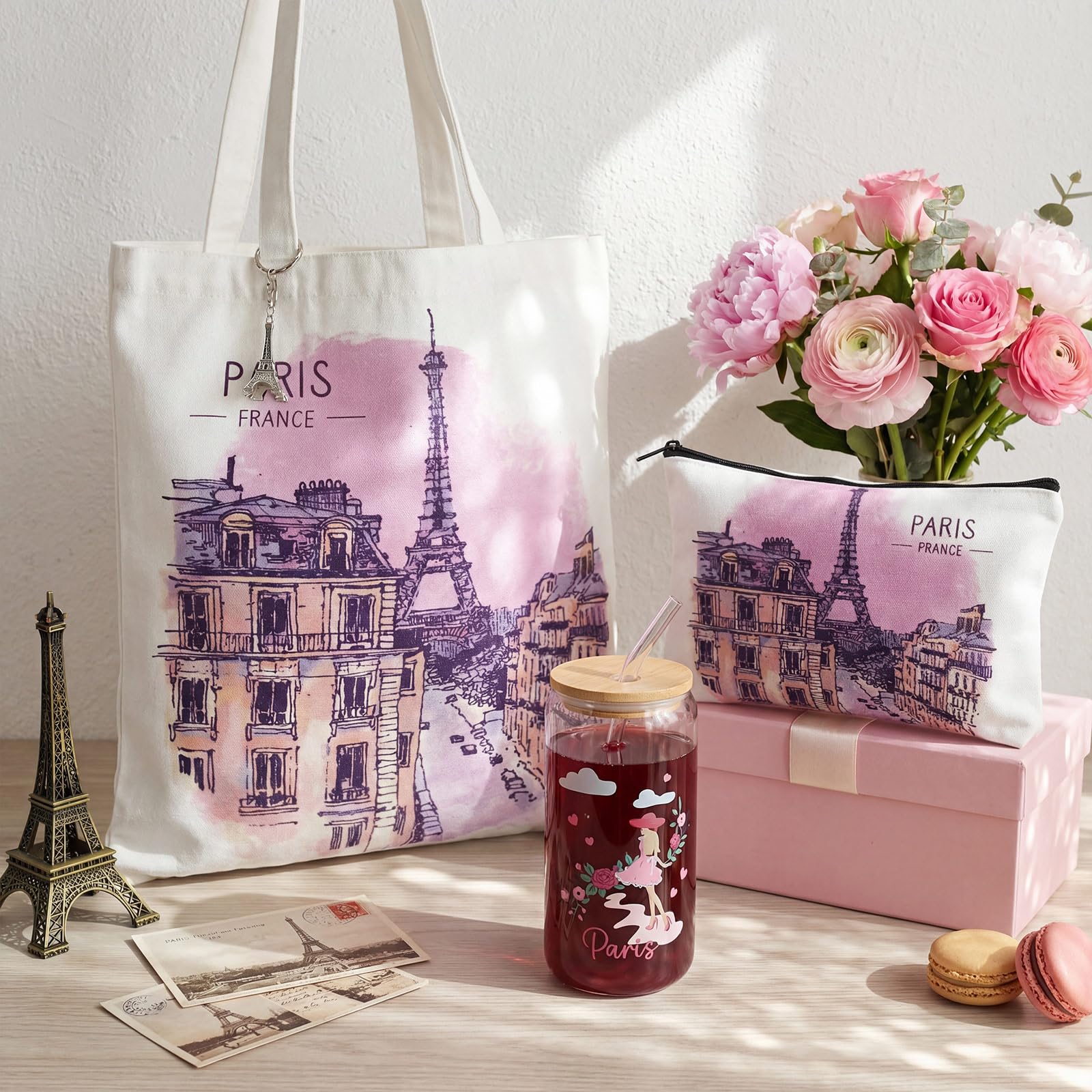 Chuangdi 4 Pcs Paris Souvenirs Gifts Set France Travel Canvas Bag Cosmetic Bag 16 oz Tumbler and Keychain Paris City for Traveler Friend Lover Sister Gifts