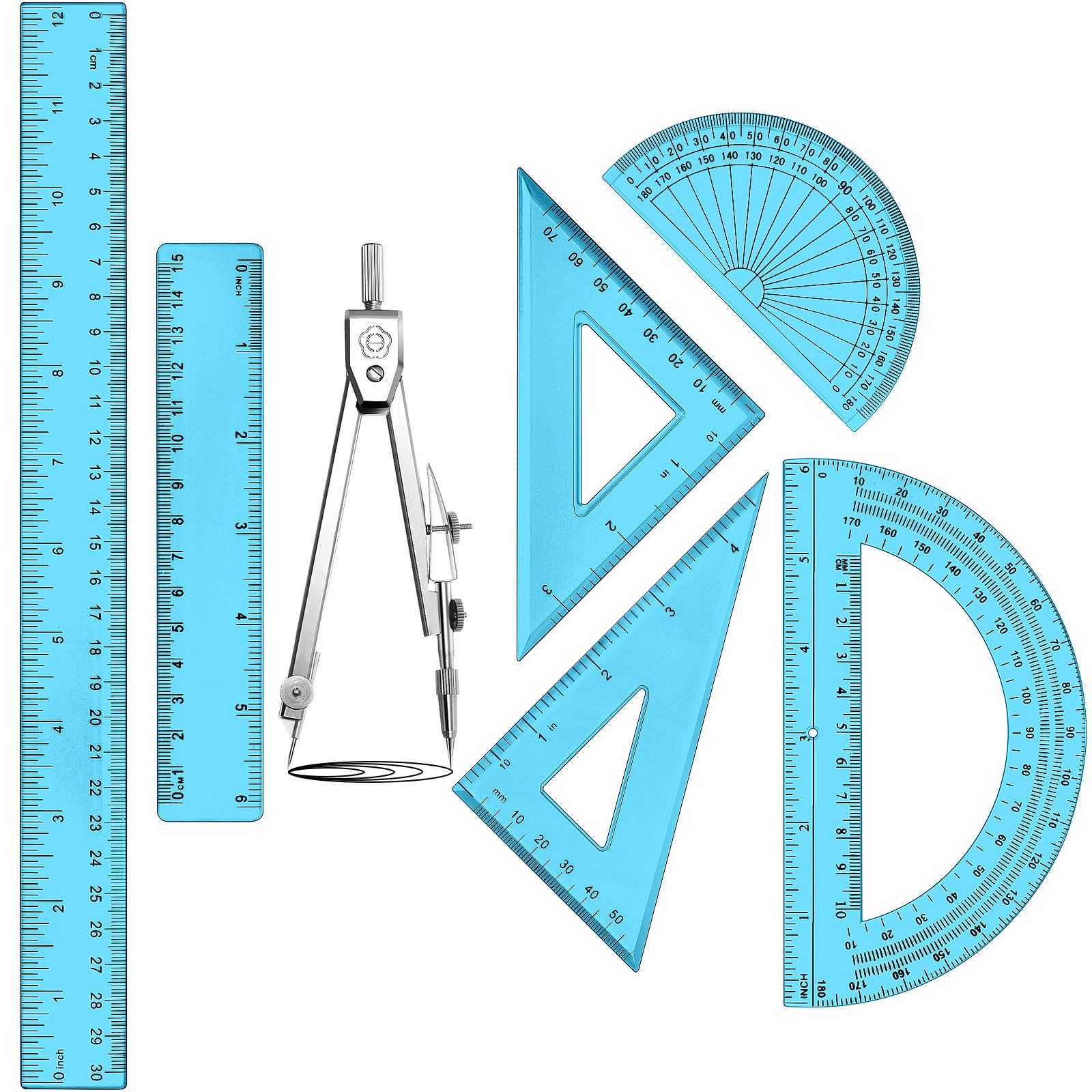 Zonon 7 Pcs Geometry Set with Drawing Compas, 6&4 Inch Protractors, Blue