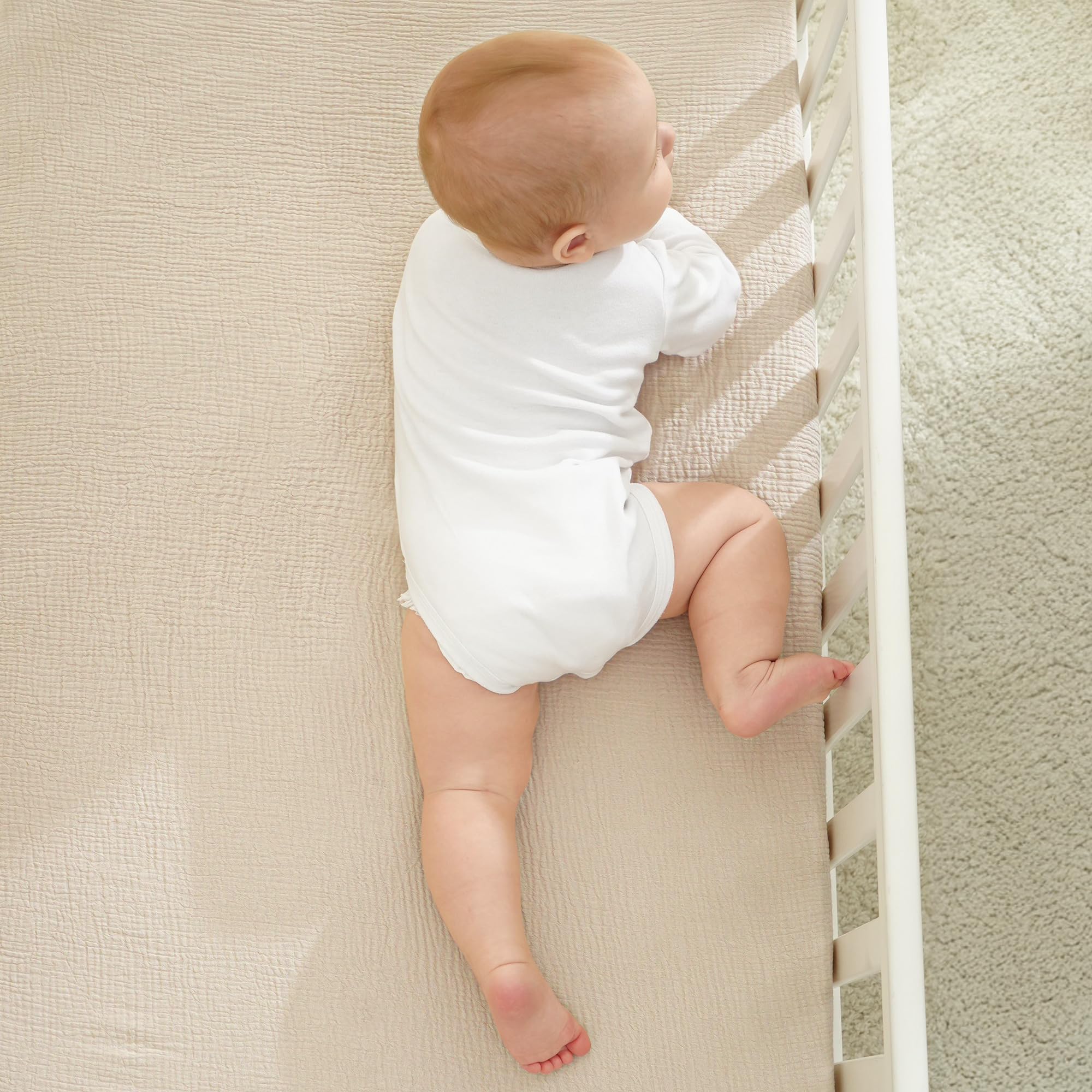Bearmoss Sábana de Muselina, 100% Algodón, para Colchón Estándar de Cuna y Colchón de Cama Infantil, 60 x 120 cm/70 x 140 cm,Sabana Bajera Cuna Ajustables para Cama Auxiliar (Beige, 60x120)