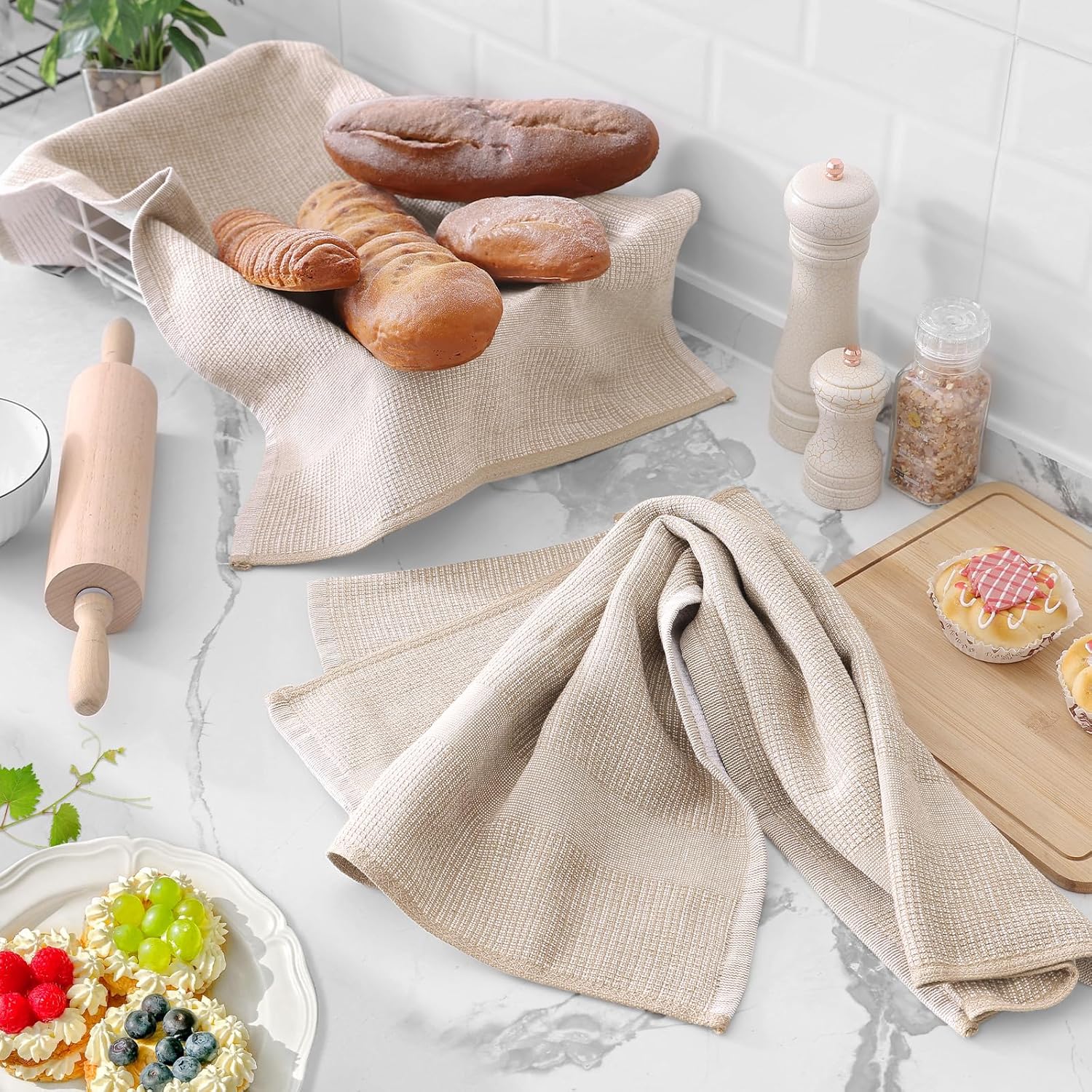 Homaxy Premium Kitchen Towels(18”x 28”, 6 Pack), Large Cotton Kitchen Hand Towels, Flat and Terry Dish Towels, 380 GSM Highly Absorbent Tea Towel Set with Hanging Loop, Khaki - Image 6