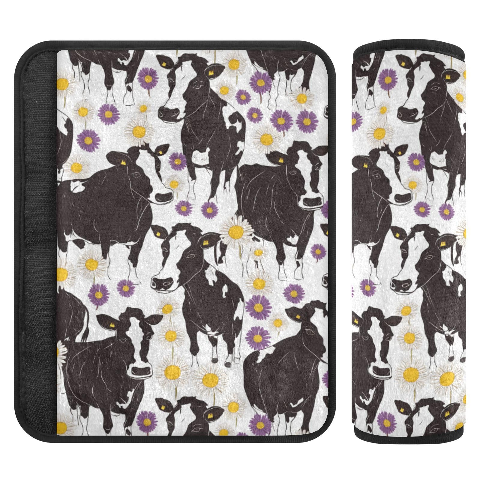 Seat Belt Covers 2 Pack Black White Cow Car Seat Strap Covers Super Soft Purple Daisies Car Seat Neck Cover for Boys Girls Adults Babies M