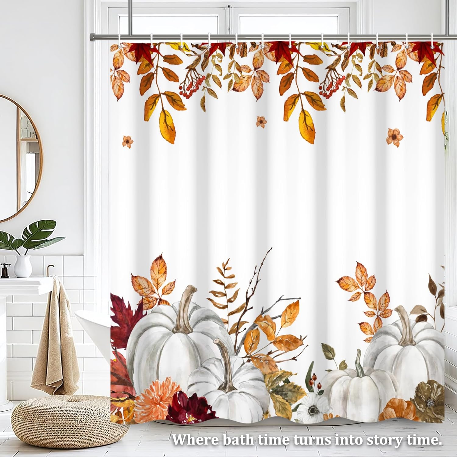 Renaiss 72 x 78 Inch Fall Harvest Thanksgiving Pumpkin Shower Curtain Autumn Leaves Pumpkins Farmhouse Bath Curtain Maple Leaves Bathroom Accessories Botanical Bathroom Curtain Liner Set with Hooks