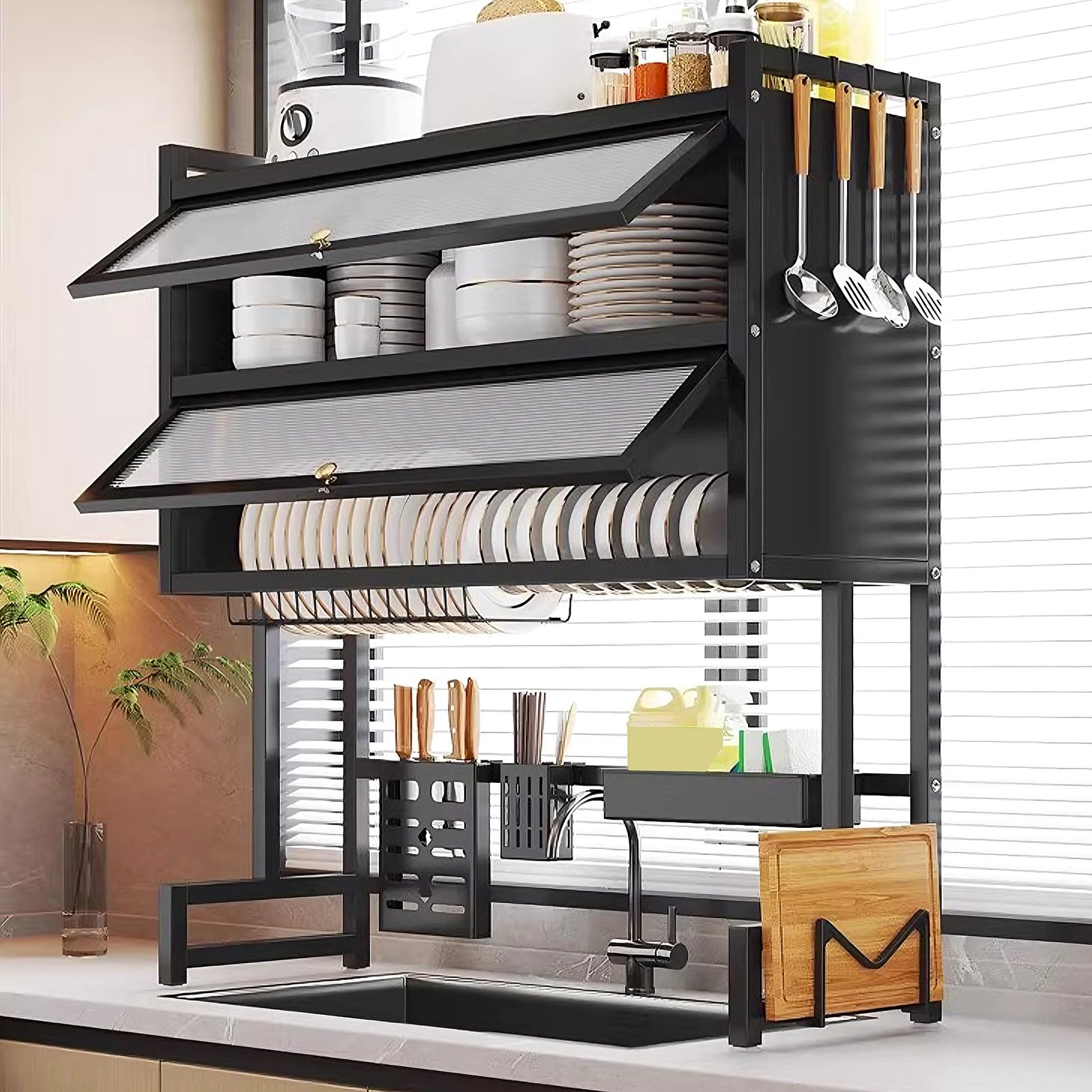 Over The Sink Dish Drying Rack 3 Tier with Acrylic Doors and Suction Cup Feet Kitchen Sink Caddy