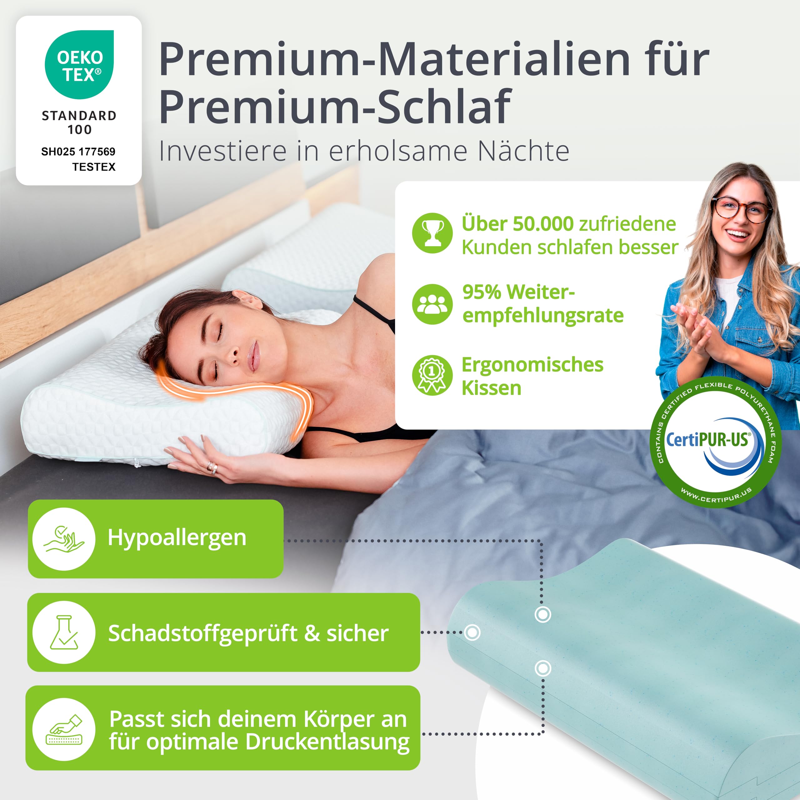 feela.® Orthopädisches Kopfkissen/Schlafkissen [3 Härtegrade] – Ergonomisches Memory Foam Nackenstützkissen gegen Nacken- und Schulterschmerzen, 80x40 cm Seitenschläferkissen (Groß, Fest)