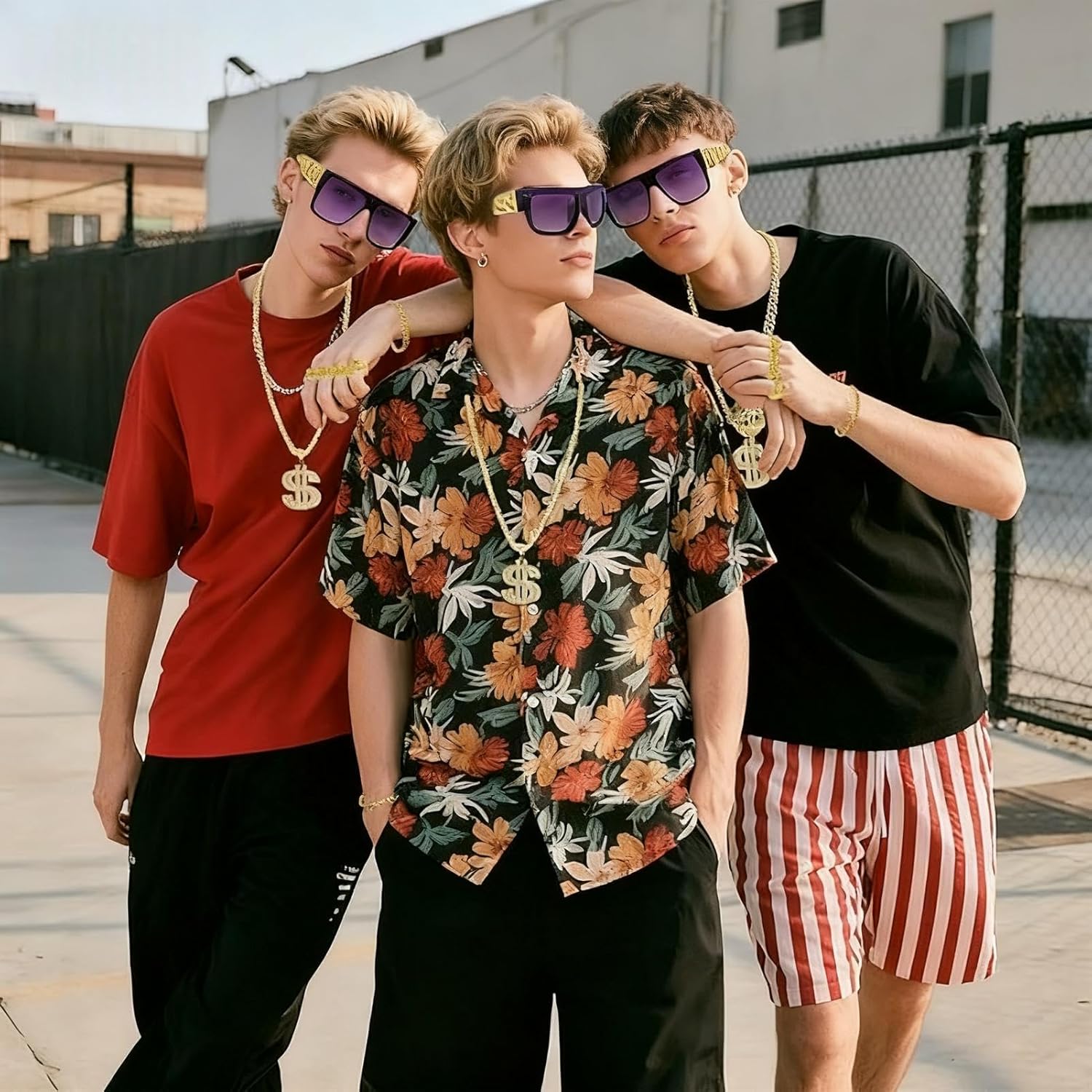 8Pcs Hip Hop Costume Kit, 80s 90s Old School Rapper Costume for Men Women, Gold Glasses Bracelet Fake Gold Chain Necklace Ring 80s Accessories For Men Cosplay Party New Year Holiday Gift - Image 5