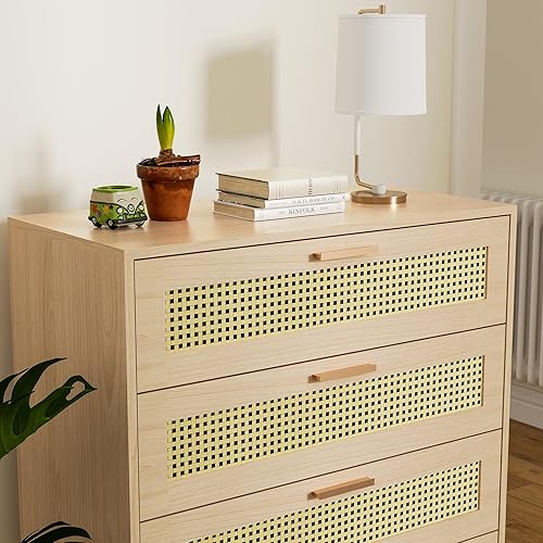 Miniatura 5 de Cozy Castle Cómoda bohemia de 4 cajones, cómoda de madera con asas de metal, cómoda moderna de ratán para dormitorio, roble