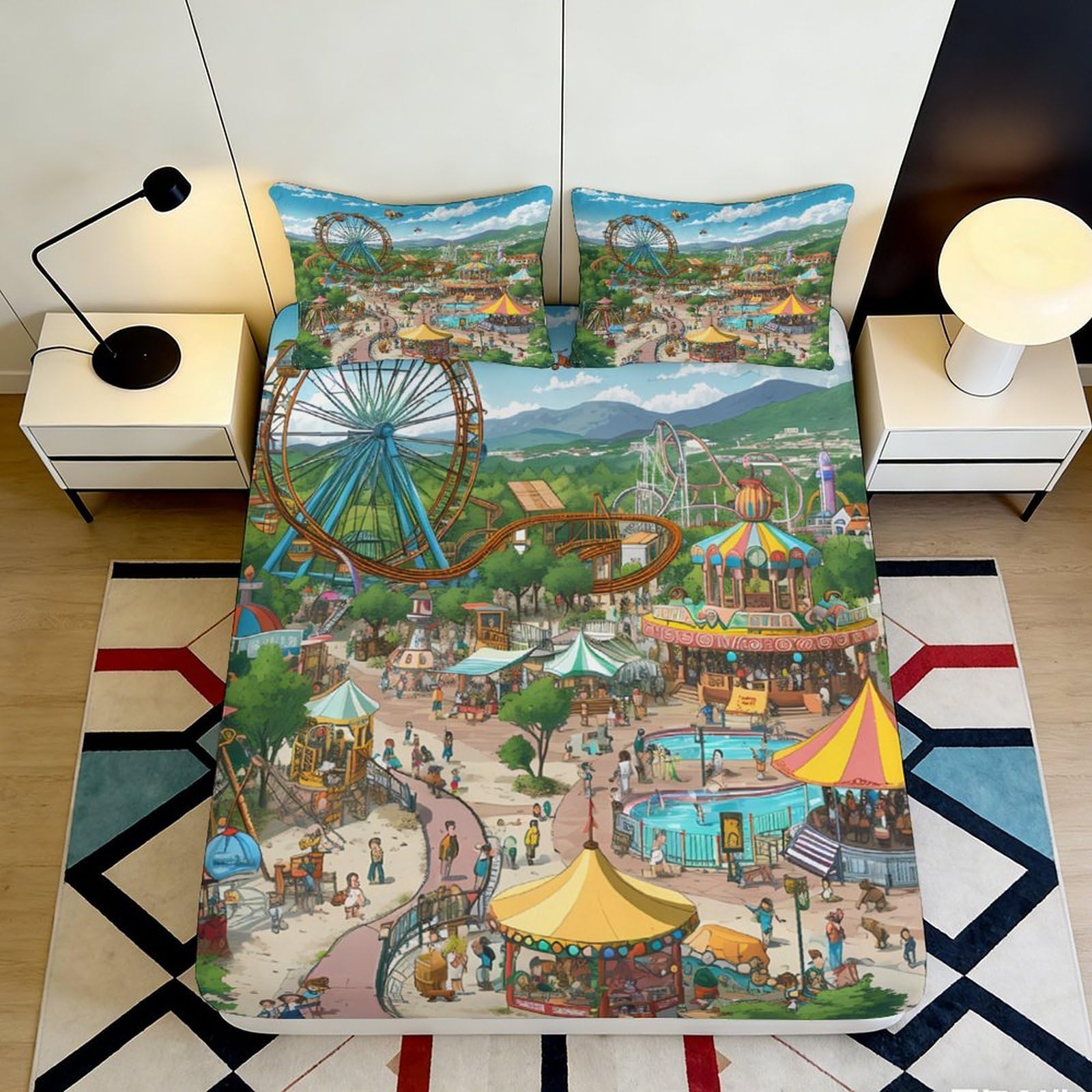 3D Printed Amusement Park Ferris Wheel Fitted Sheet Microfiber Funfair Carnival Mattress Cover for Bedroom Dorm Home Decor 90x200x25cm