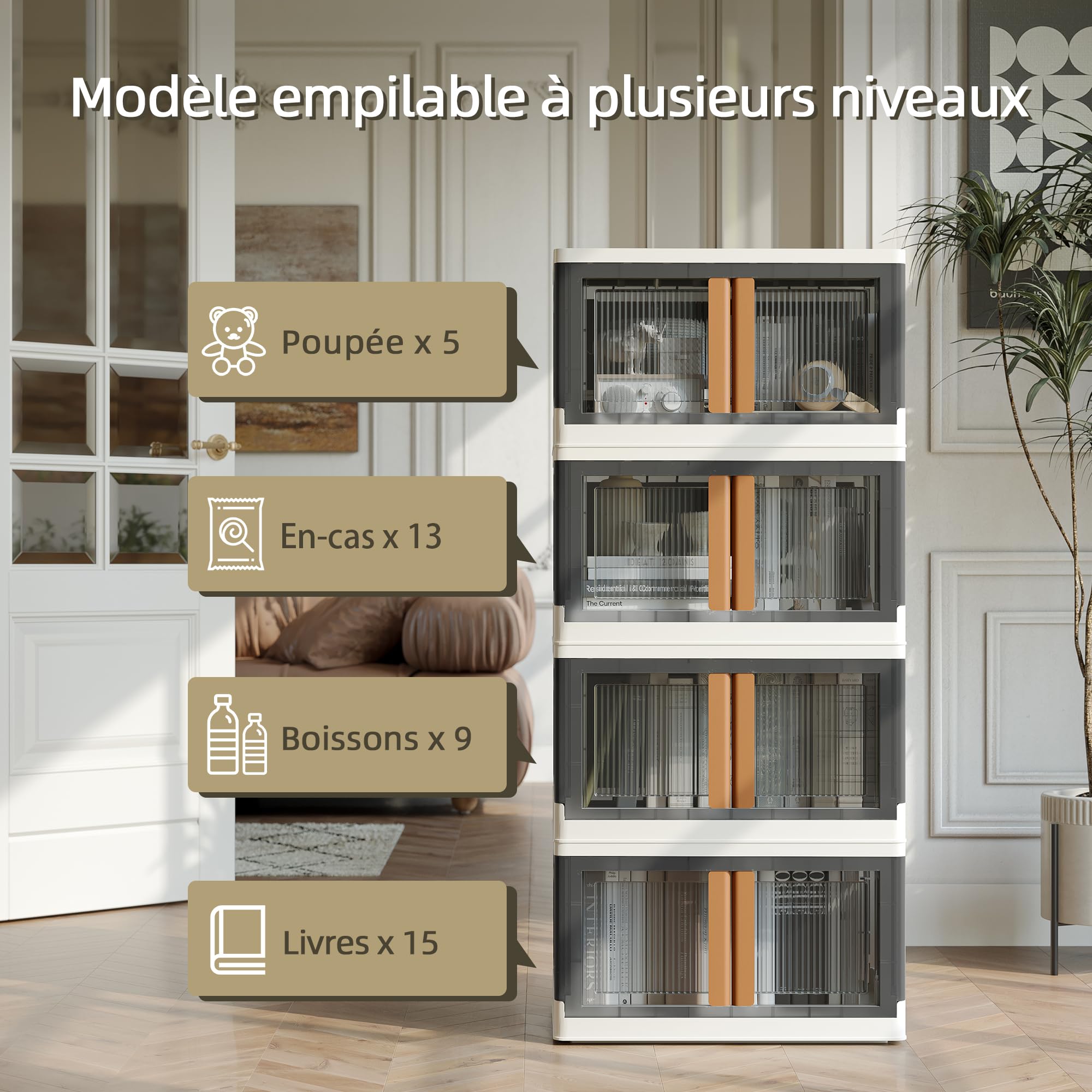 NETEL 4x 45L Empilable Boîte de Rangement avec Couvercle et Verrouillable Porte, Pliable Bac de Rangement Plastique avec Roulettes, Grande Caisse Rangement Organisateur pour Cuisine, Salon et Chambre
