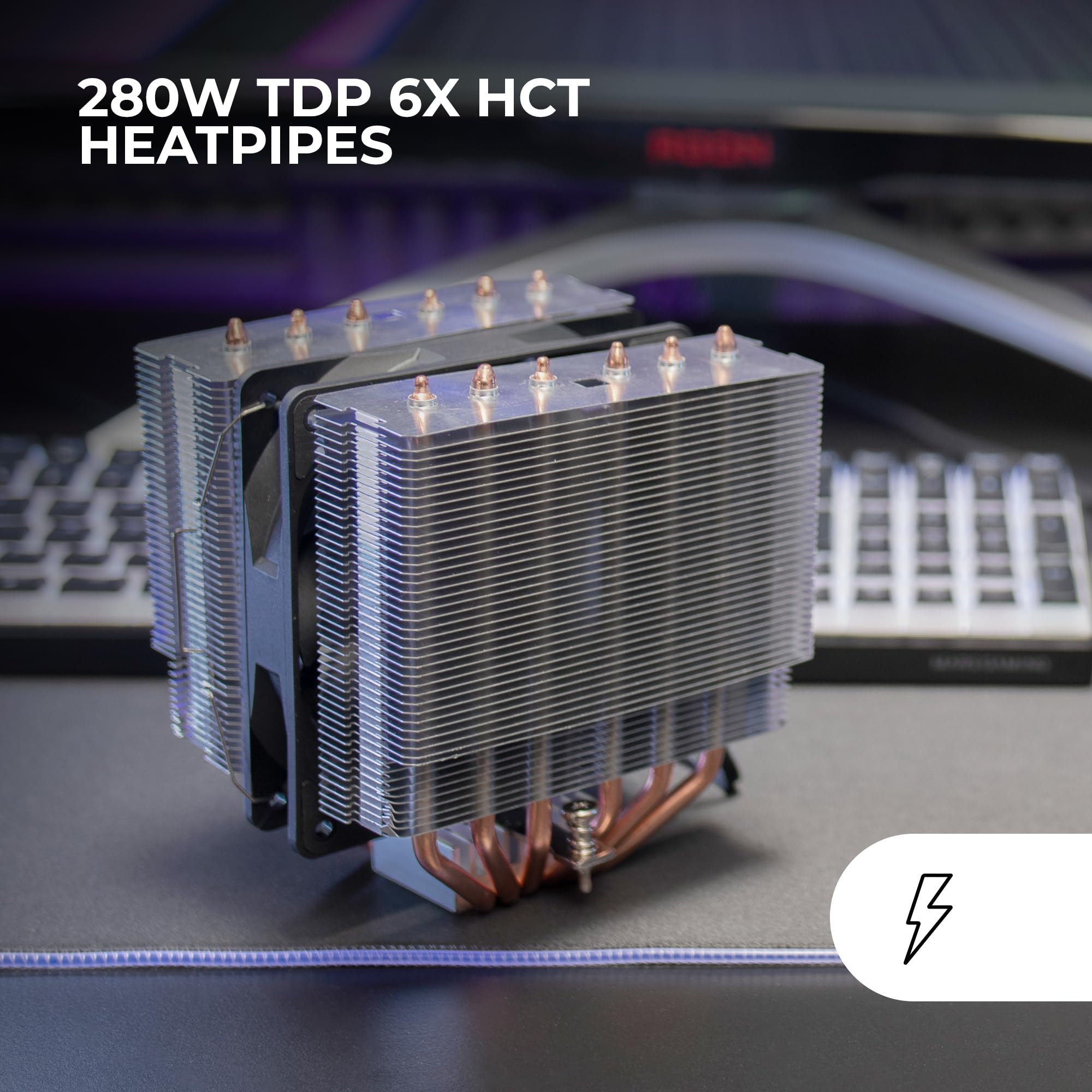 Mars Gaming MCPU-2T, Dissipatore CPU Doppia Torre, 6 Heatpipes HCT, TDP 280W, Ventola PWM 120mm Ultra-silenziosa, Multisocket Universale, Nero
