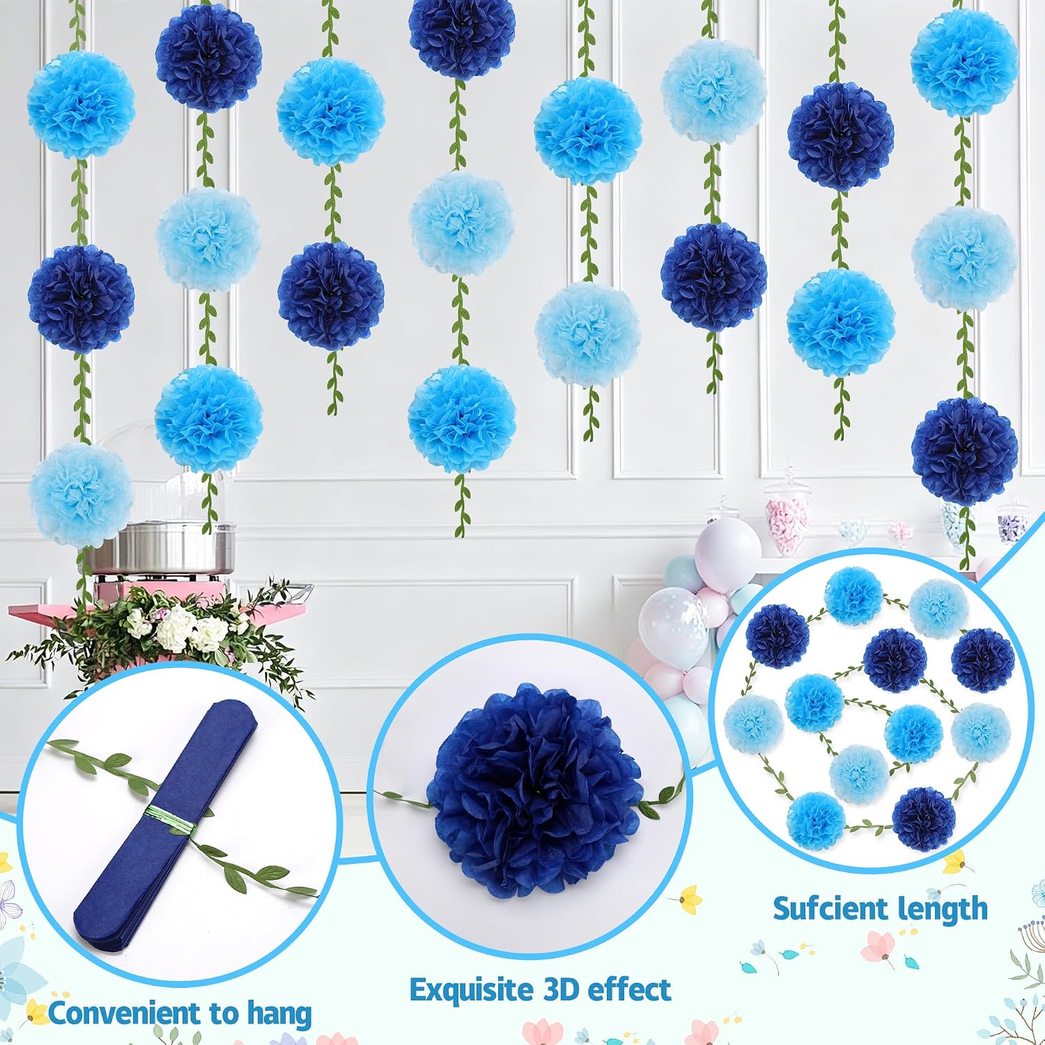 BestoFun 16 PCS Blue Tissue Paper Pom Pom Garland, Flower Garland, Elegant Baby Boy Shower Decorations, Blue Party Supplies for Birthday Wedding Bridal Shower Decorations image 4