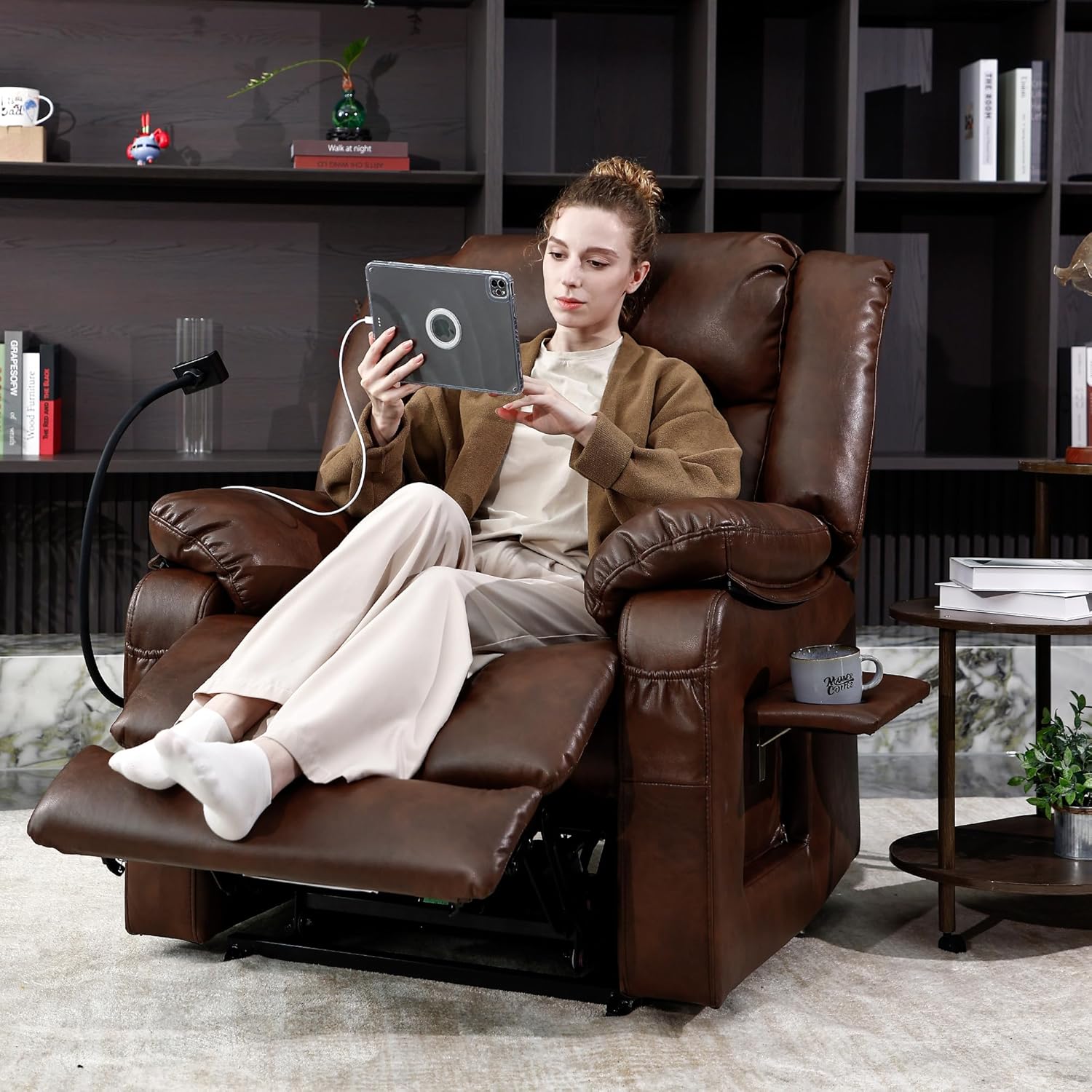 Dual Motor Recliner Chair with Heat & Massage, Faux Leather Power Lift Recliner Chair for Elderly, Cup Holder Tray, Phone Holder, Detachable Armrests, USB & Type-C Ports, Pillow (Brown)